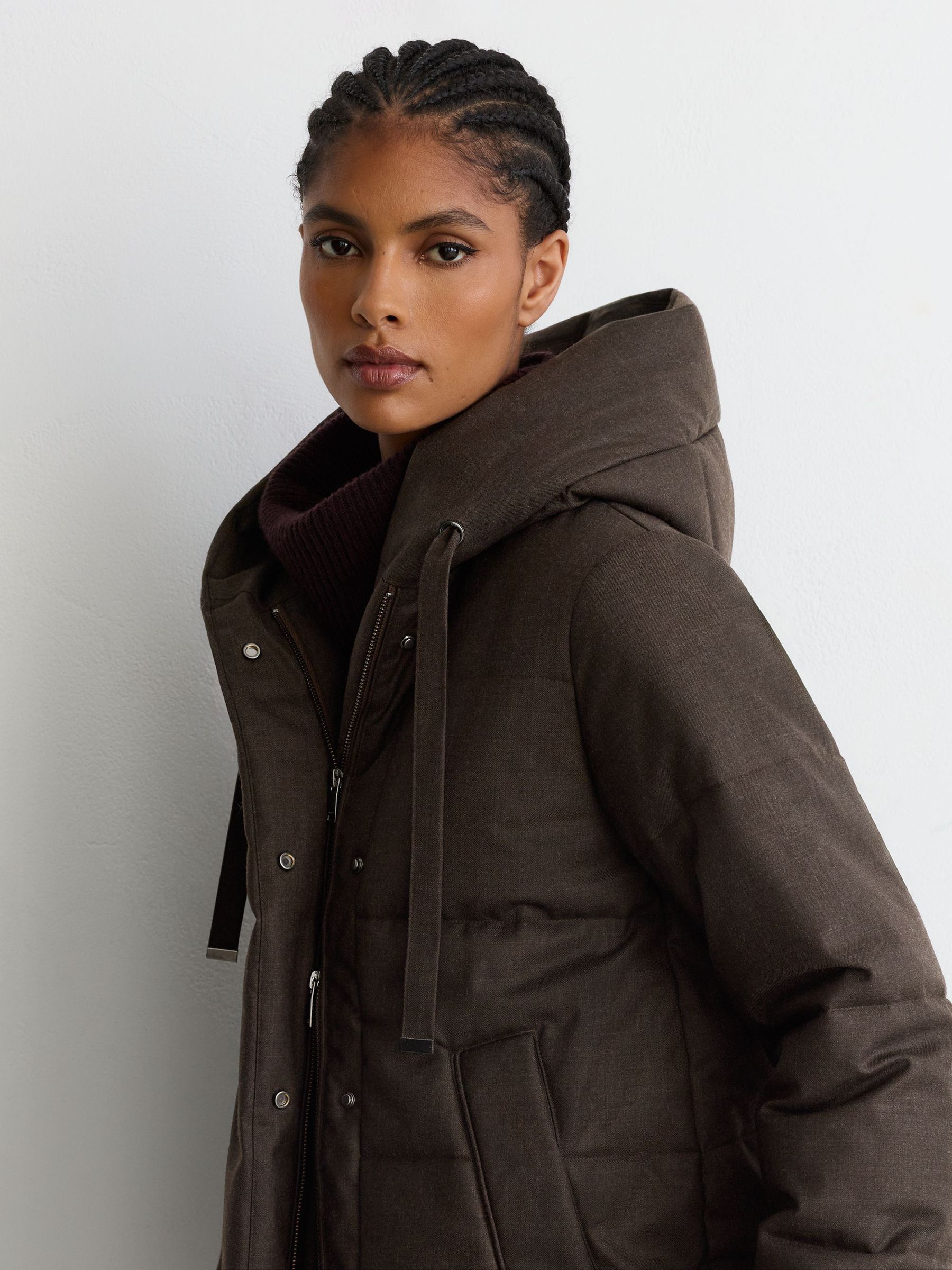 Petite Wool Hooded Puffer Coat in Brown - Image 7 of 10
