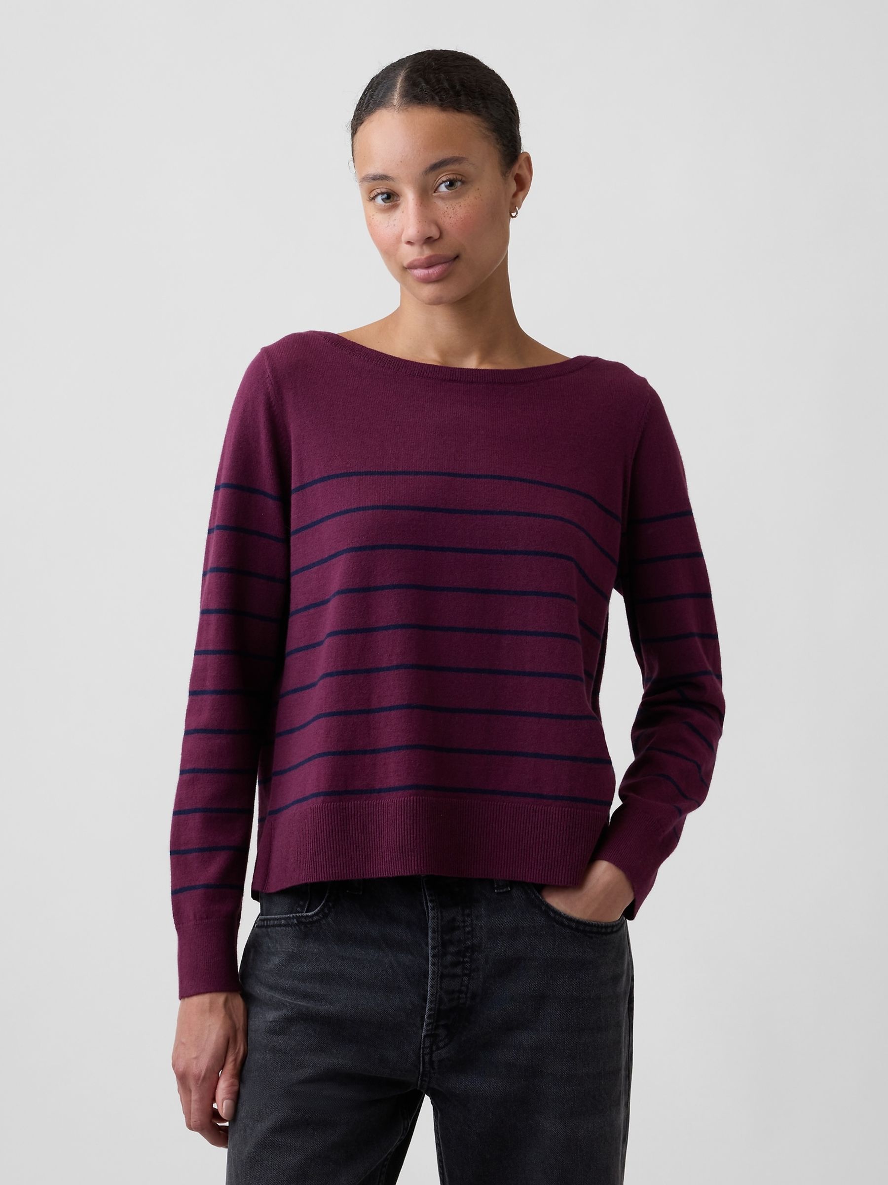 Burgundy Stripe Relaxed Jersey Boatneck Jumper - Image 1 of 5