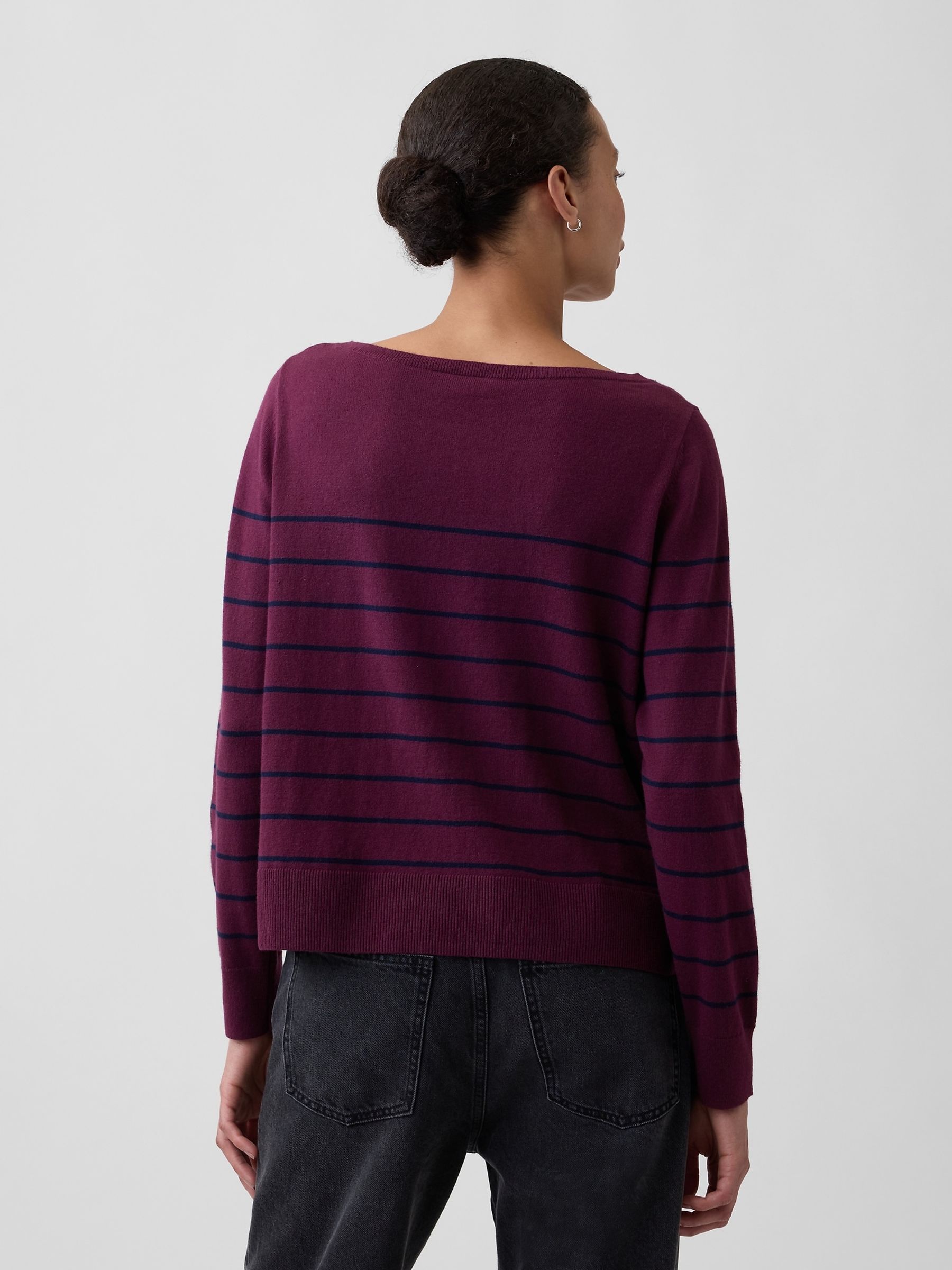 Burgundy Stripe Relaxed Jersey Boatneck Jumper - Image 2 of 5