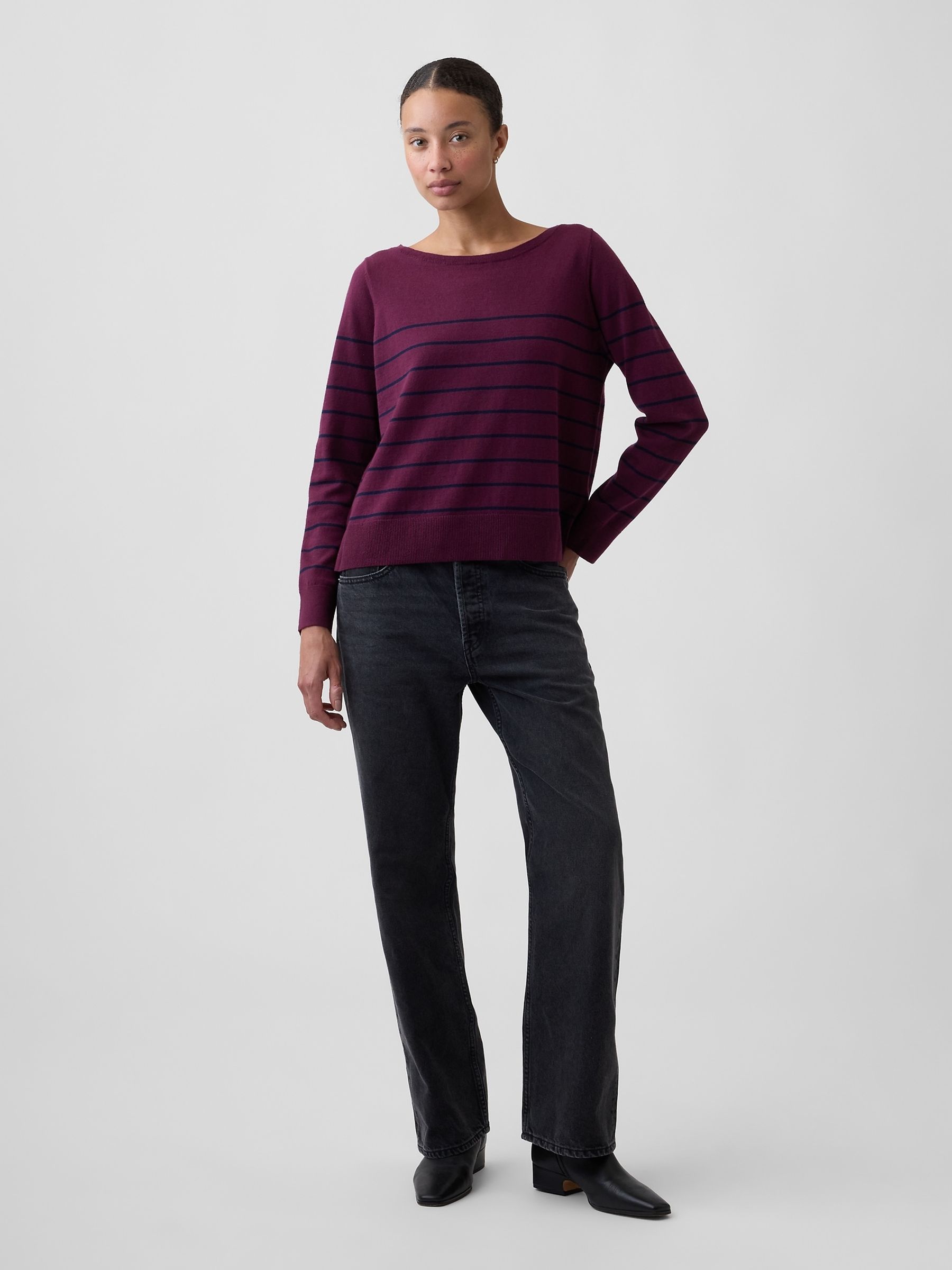 Burgundy Stripe Relaxed Jersey Boatneck Jumper - Image 3 of 5