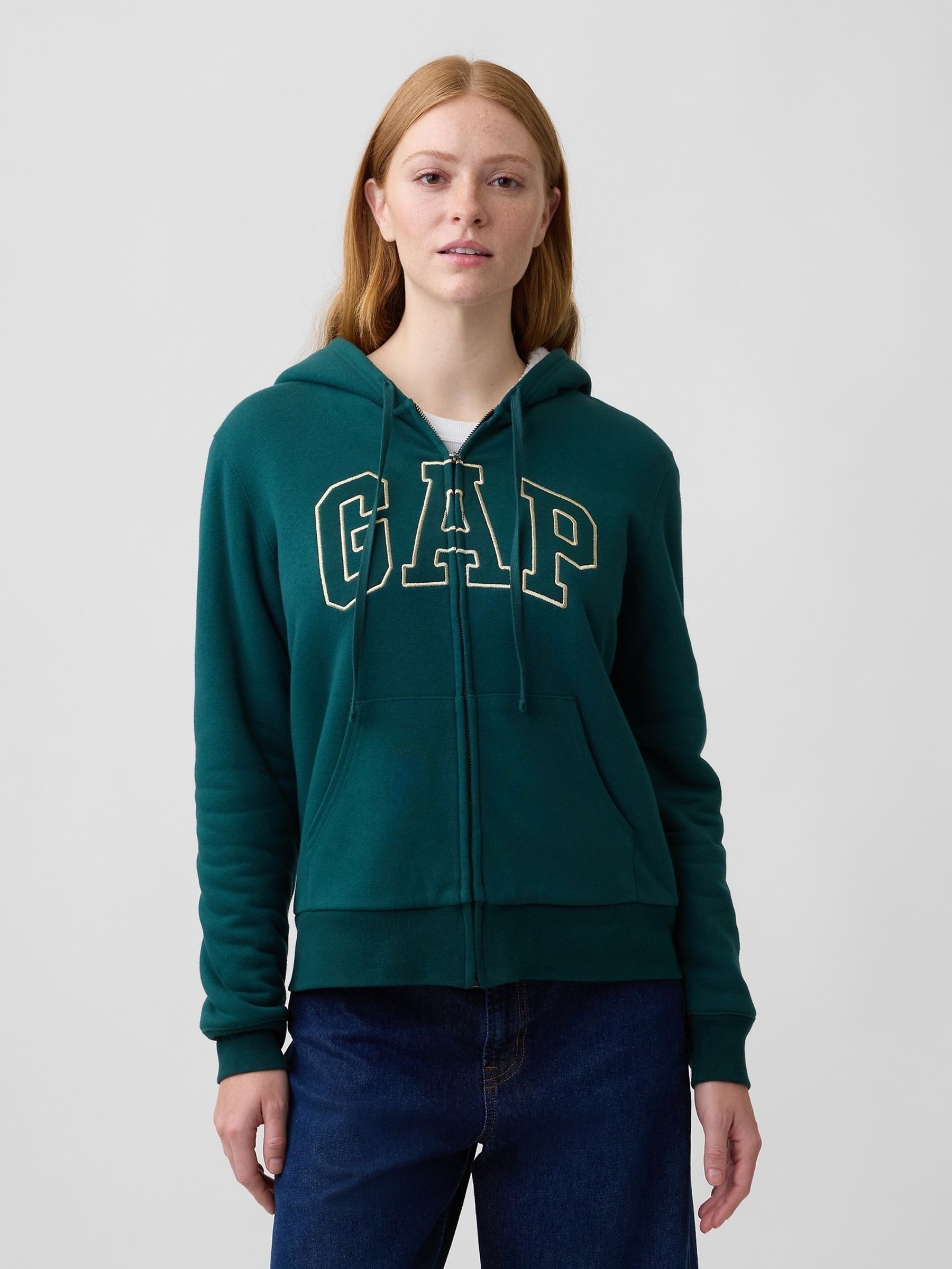 Hunter Green Relaxed Logo Sherpa-Lined Zip-Up Hoodie - Image 1 of 4 Hunter Green Relaxed Logo Sherpa-Lined Zip-Up Hoodie - Image 1 of 4