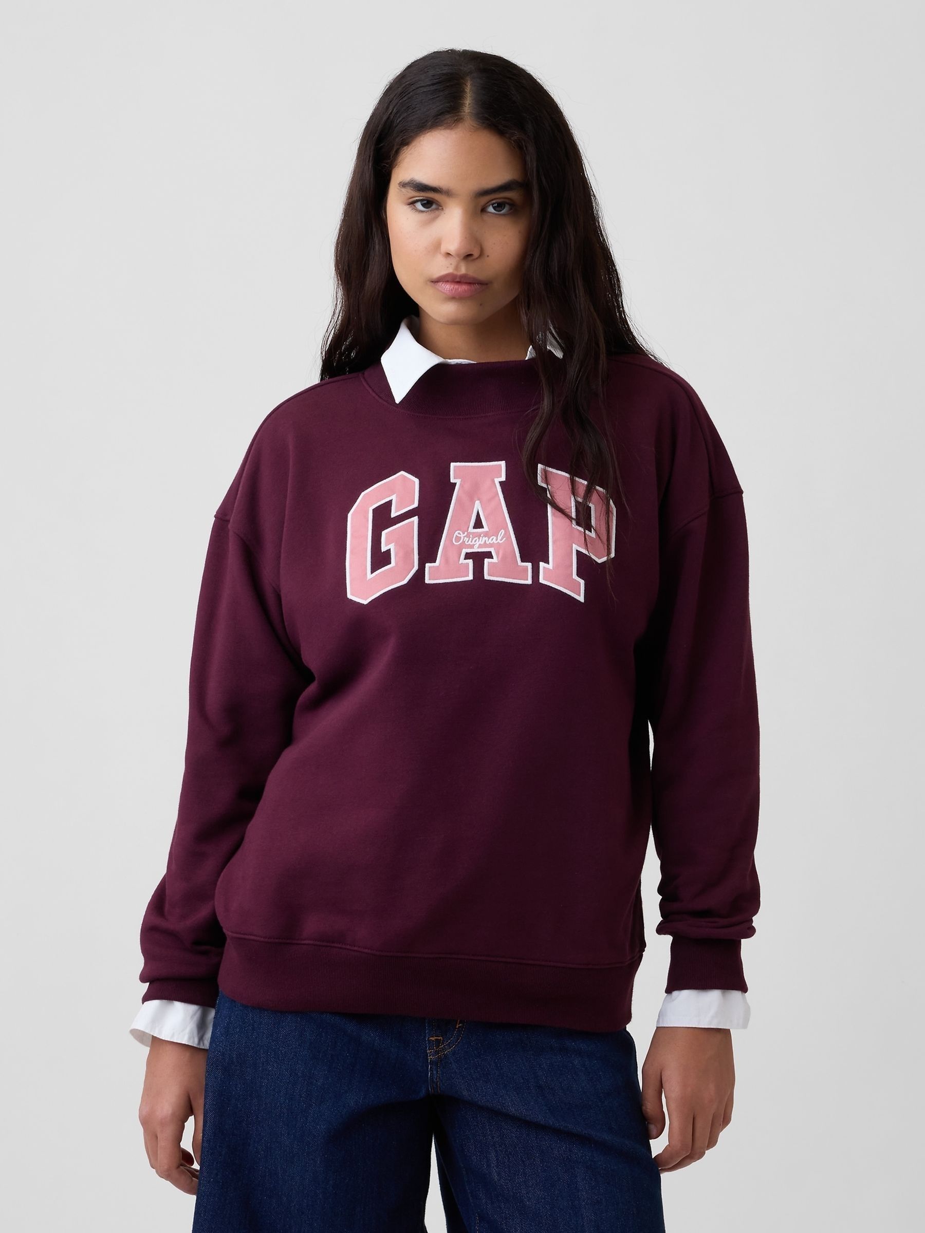Burgundy Red Oversized Logo Mock Neck Tunic Sweatshirt - Image 1 of 5