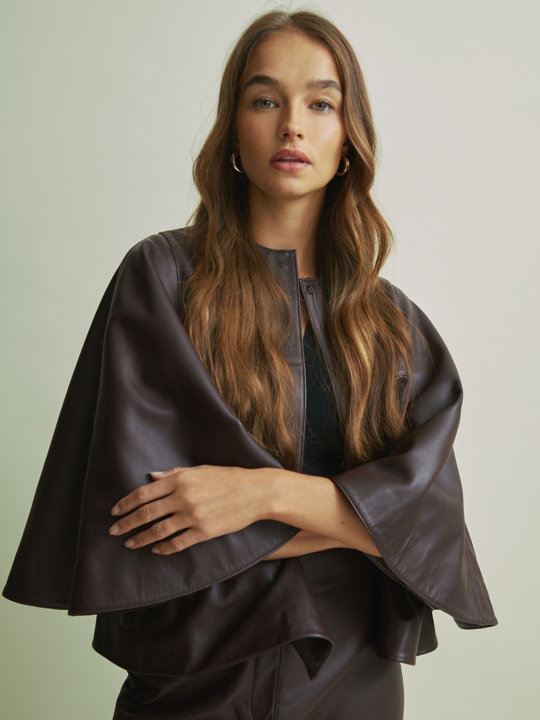 Florere Leather Cape-Sleeve Jacket in Burgundy - Image 3 of 7