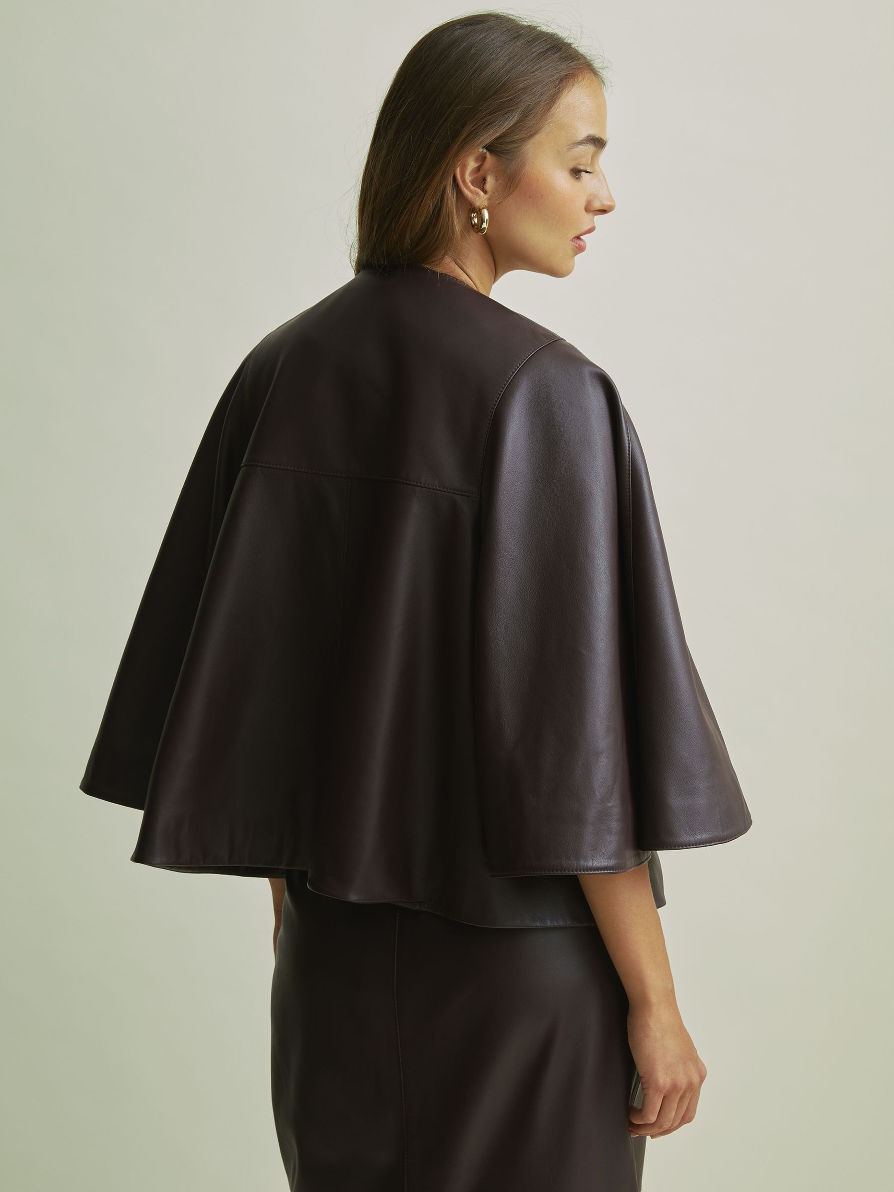 Florere Leather Cape-Sleeve Jacket in Burgundy - Image 4 of 7