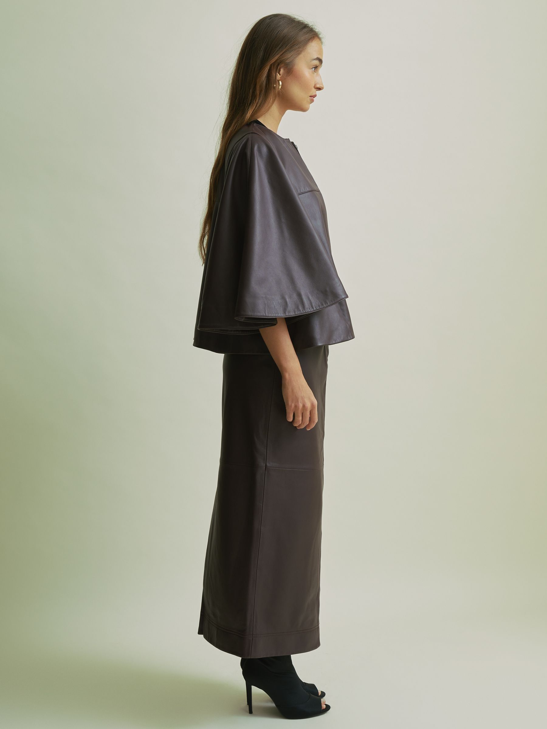 Florere Leather Cape-Sleeve Jacket in Burgundy - Image 5 of 7