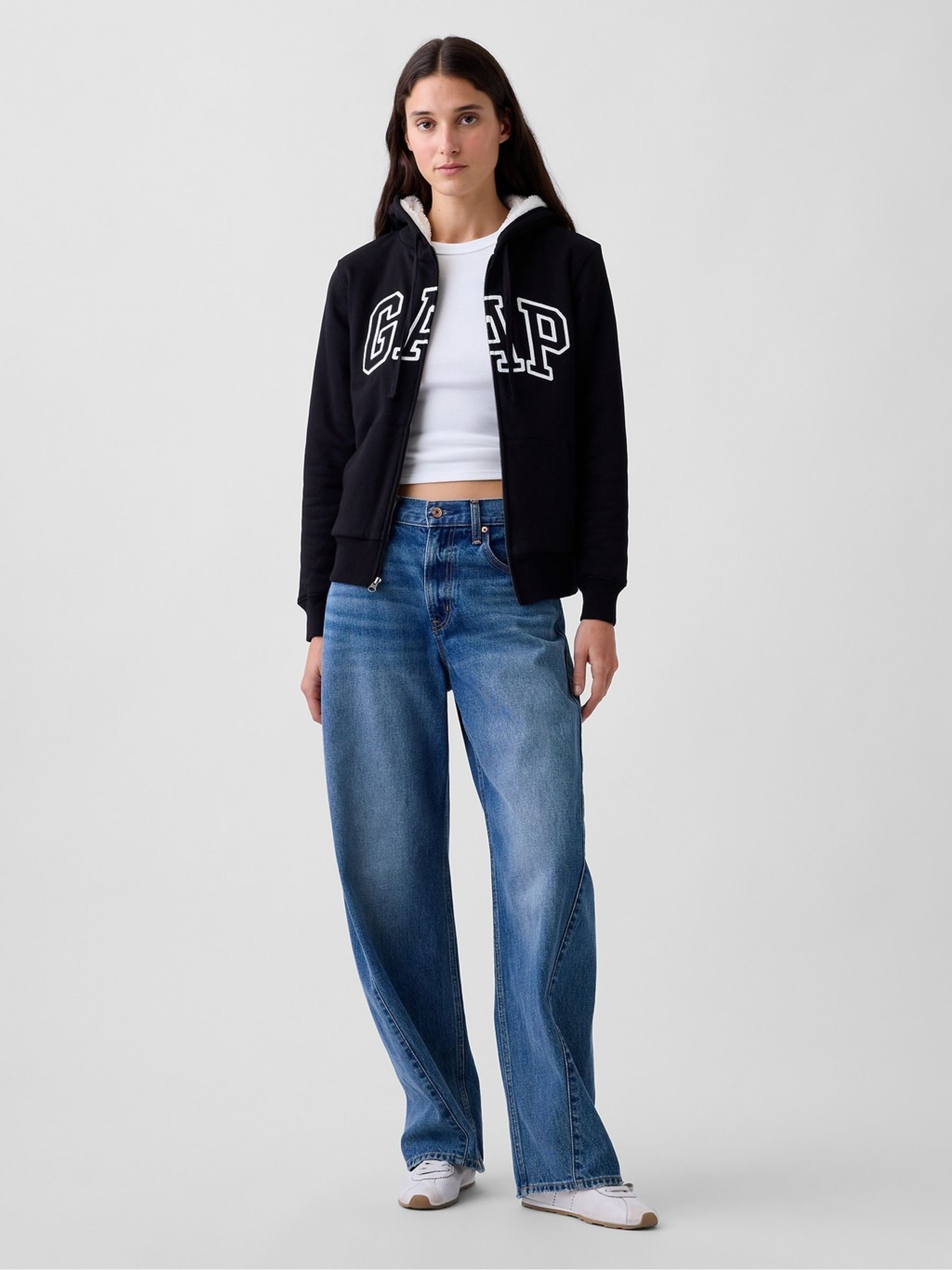 Black Relaxed Logo Sherpa-Lined Zip-Up Hoodie - Image 3 of 5