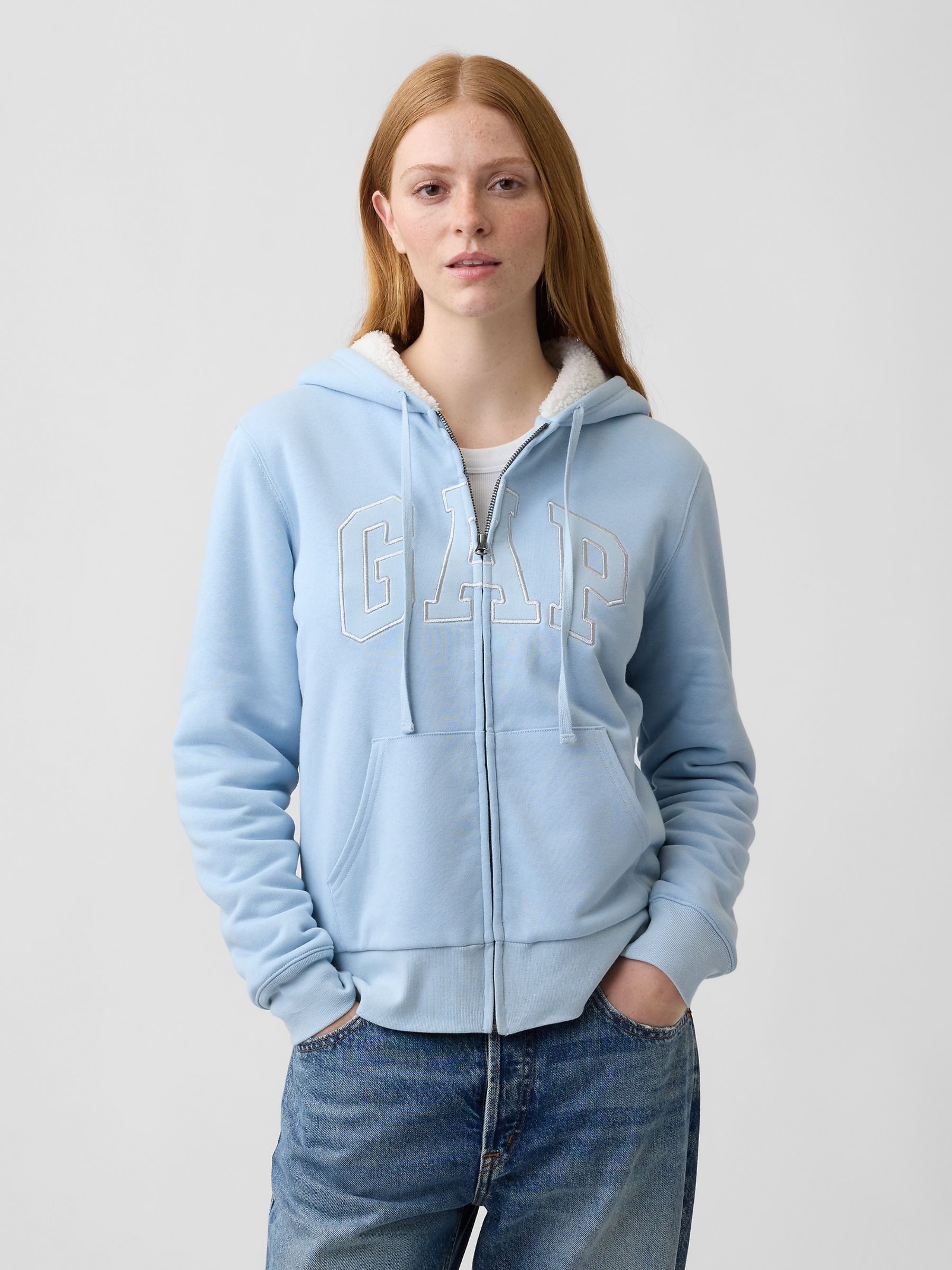 Light Blue Relaxed Logo Sherpa-Lined Zip-Up Hoodie - Image 1 of 4 Light Blue Relaxed Logo Sherpa-Lined Zip-Up Hoodie - Image 1 of 4