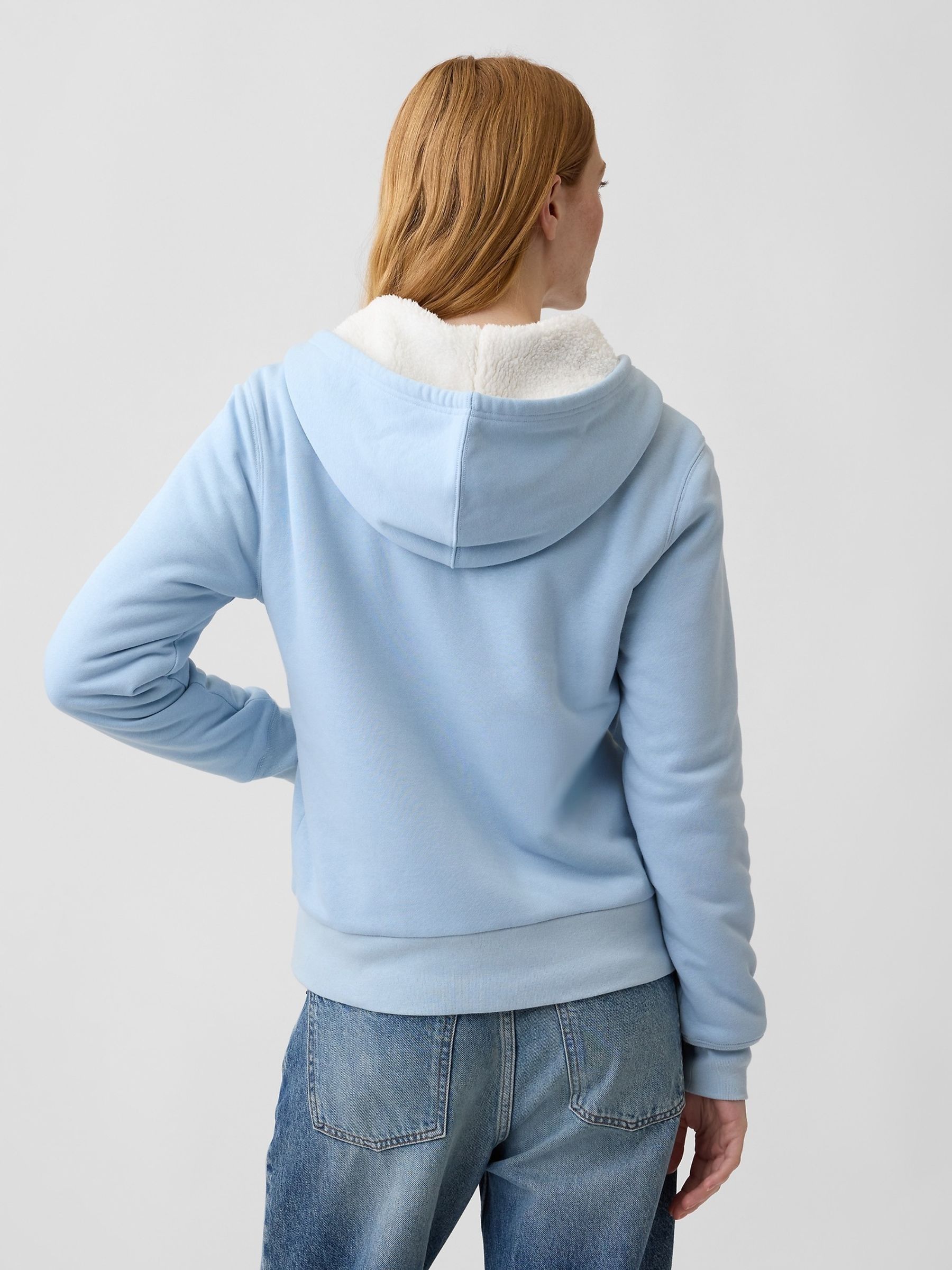 Light Blue Relaxed Logo Sherpa-Lined Zip-Up Hoodie - Image 2 of 4 Light Blue Relaxed Logo Sherpa-Lined Zip-Up Hoodie - Image 2 of 4