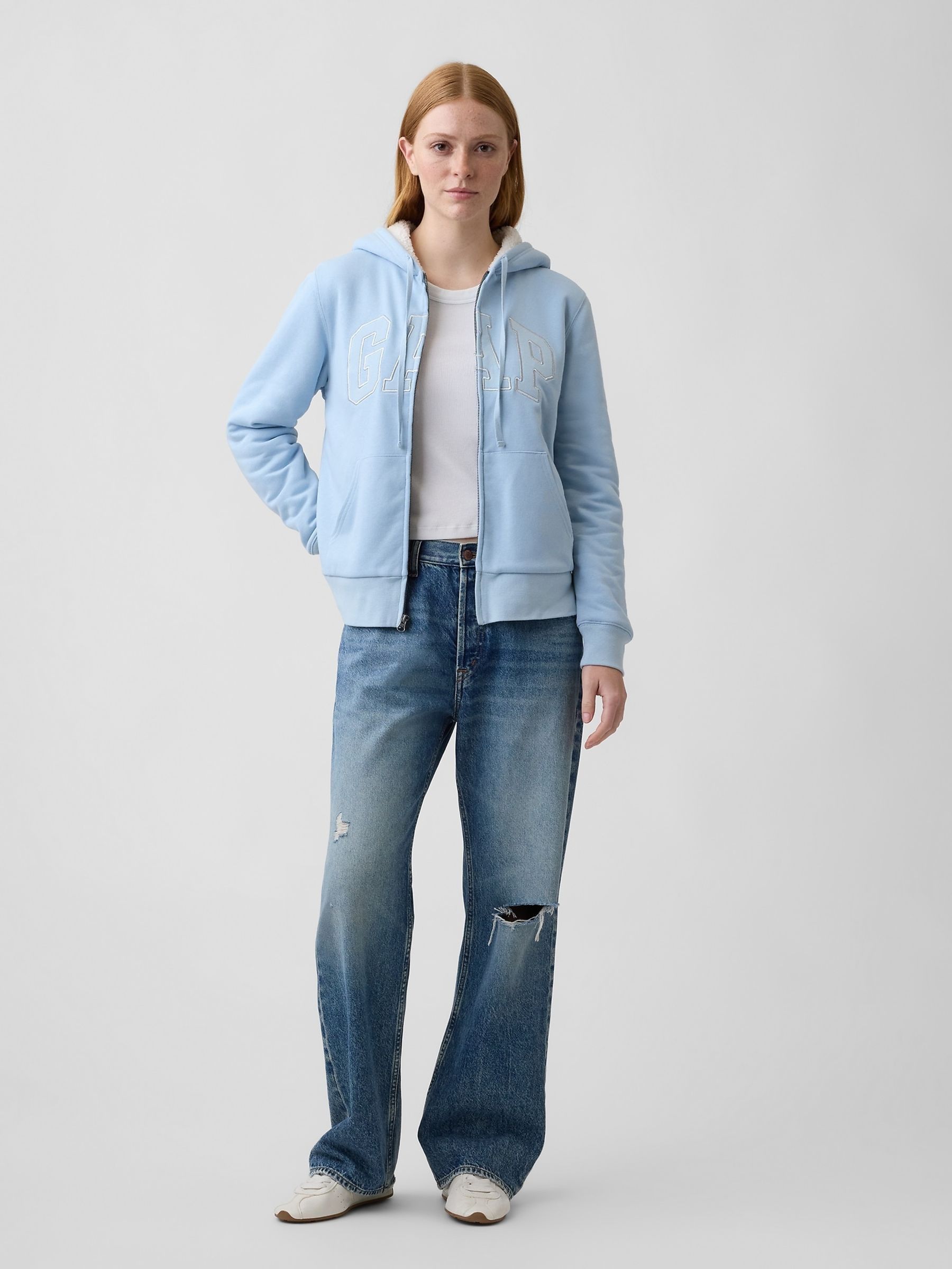 Light Blue Relaxed Logo Sherpa-Lined Zip-Up Hoodie - Image 3 of 4