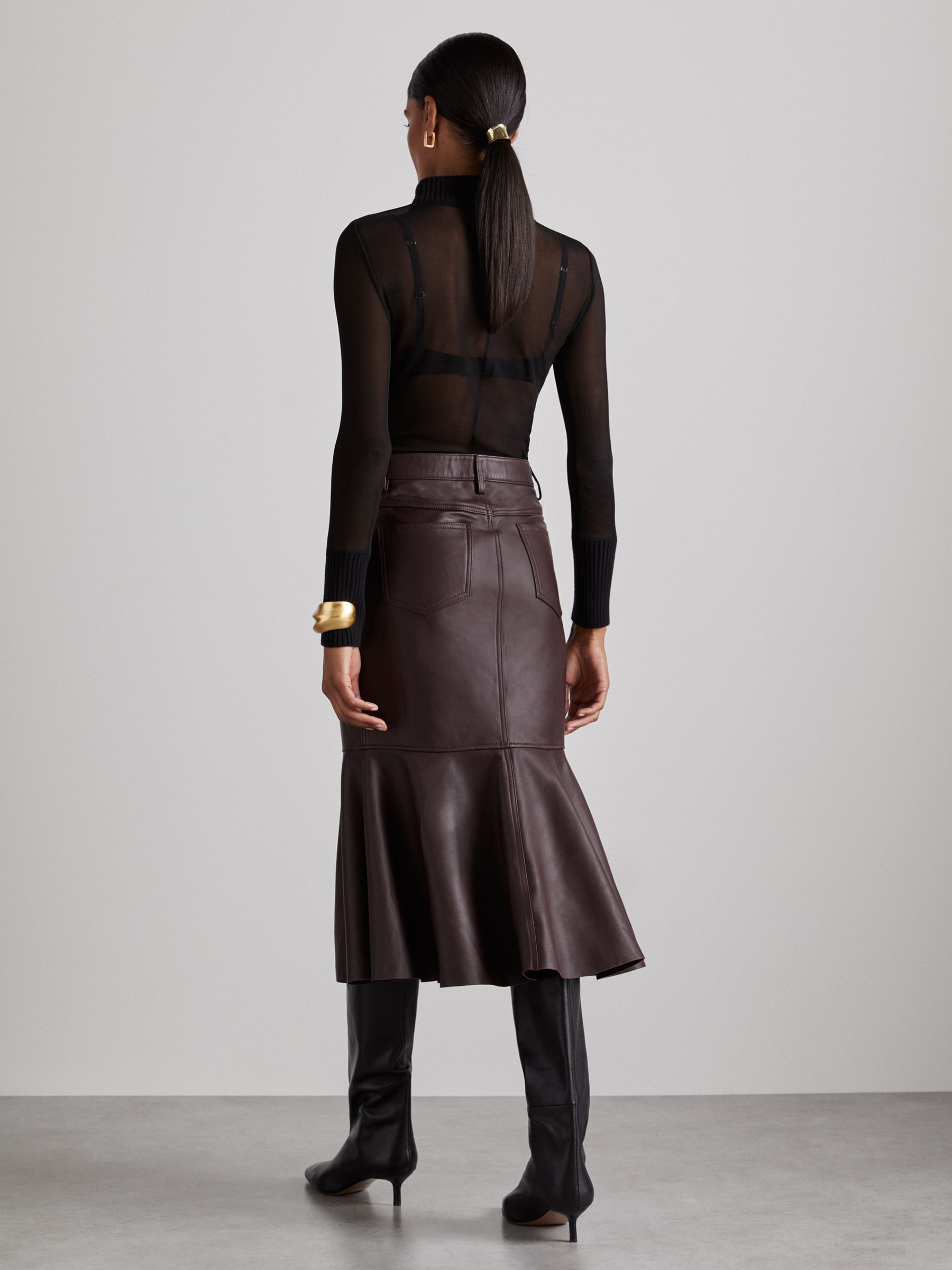 Atelier Leather Fluted Midi Skirt in Burgundy - Image 6 of 8