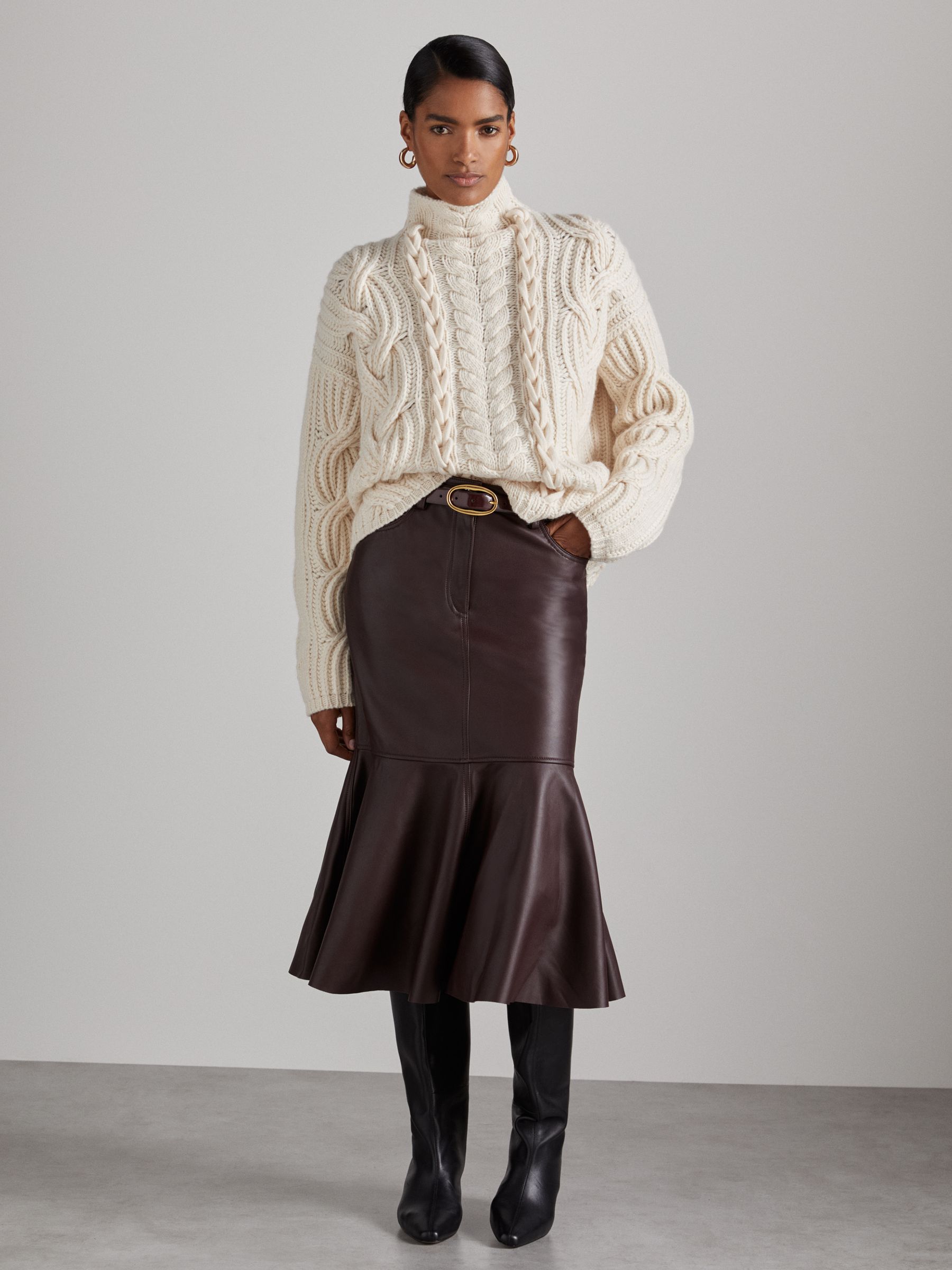 Atelier Leather Fluted Midi Skirt in Burgundy - Image 7 of 8