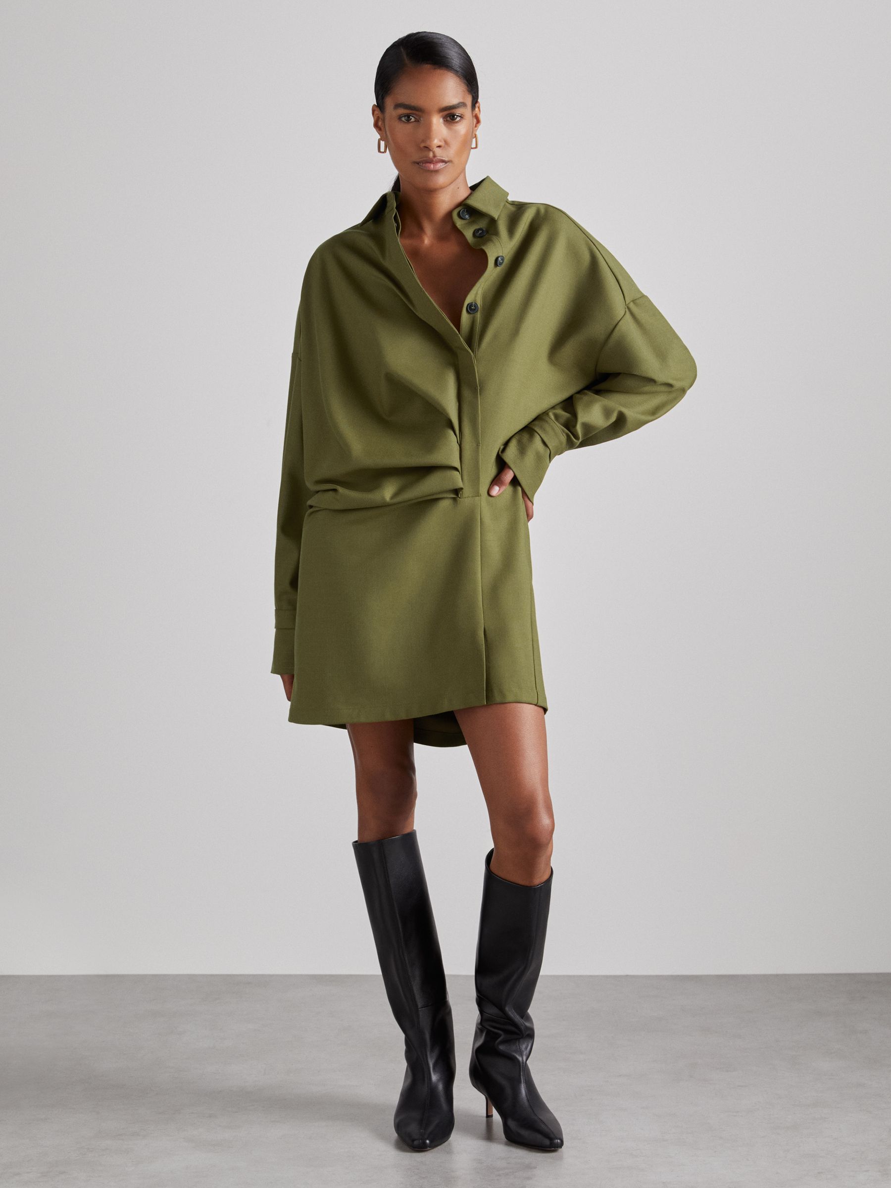 Atelier Draped Shirt Dress with Wool in Khaki - Image 1 of 8