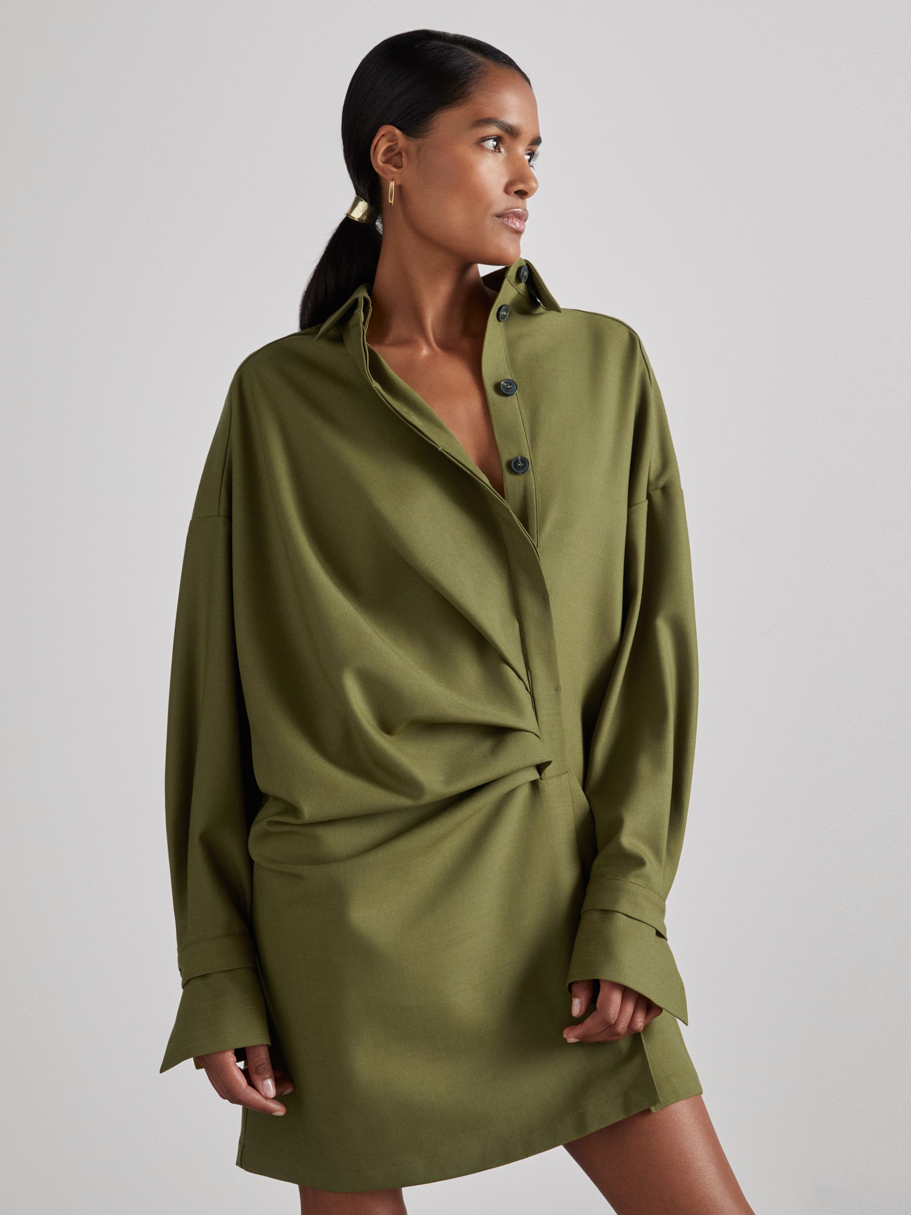 Atelier Draped Shirt Dress with Wool in Khaki - image 4