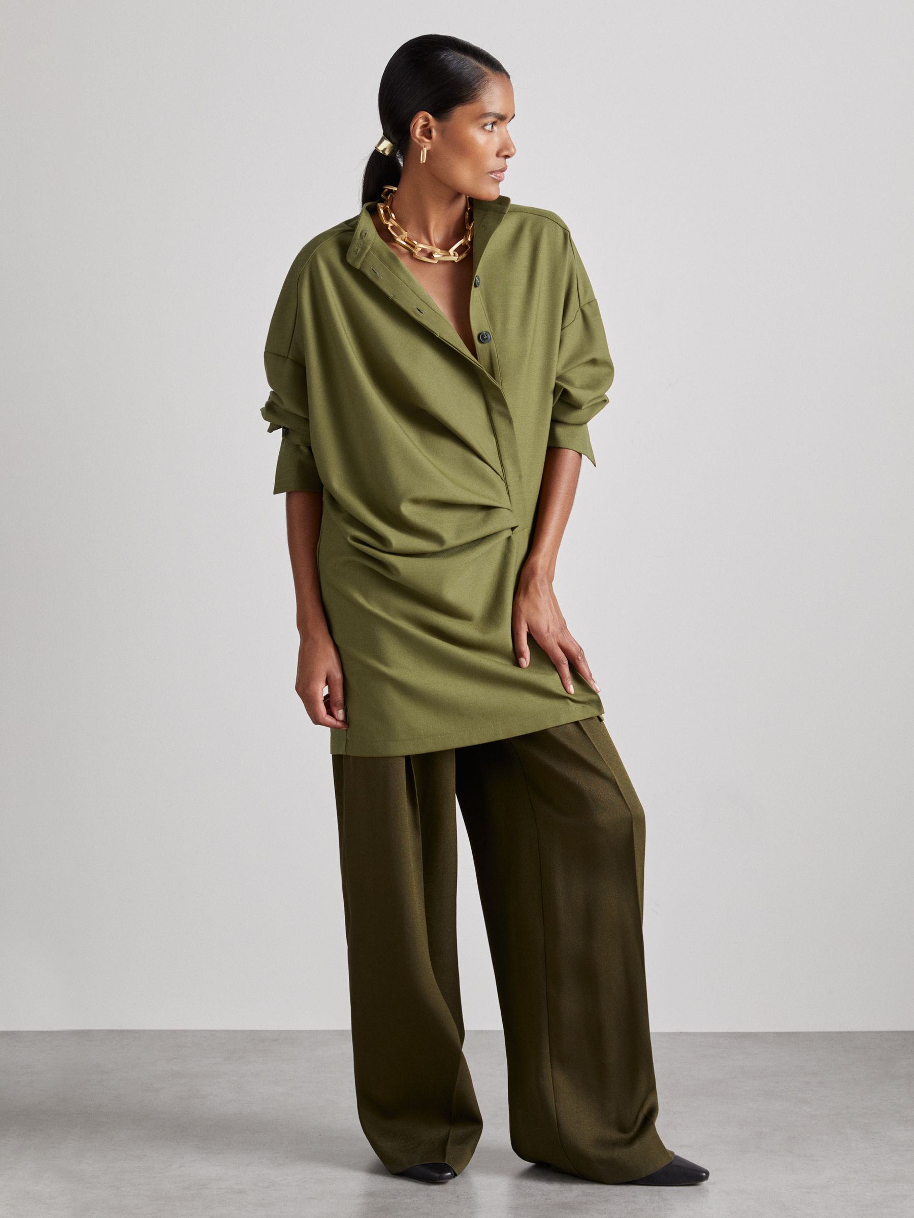 Atelier Draped Shirt Dress with Wool in Khaki - Image 7 of 8