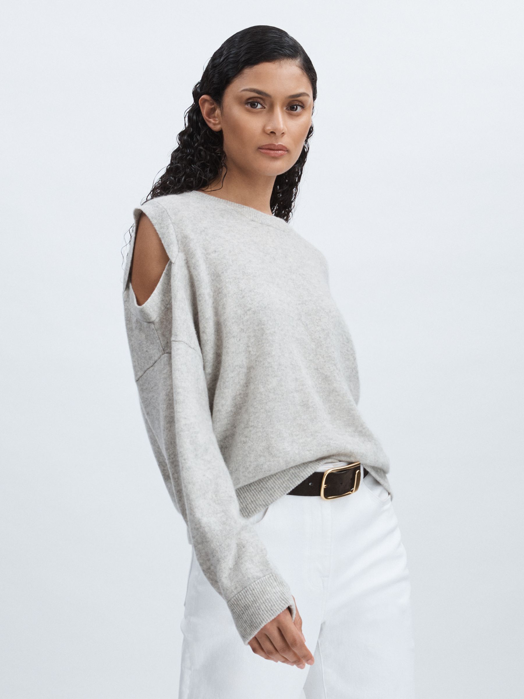 Crush Collection 100% Cashmere Cut-Out Jumper in Grey - Image 1 of 6 Crush Collection 100% Cashmere Cut-Out Jumper in Grey - Image 1 of 6