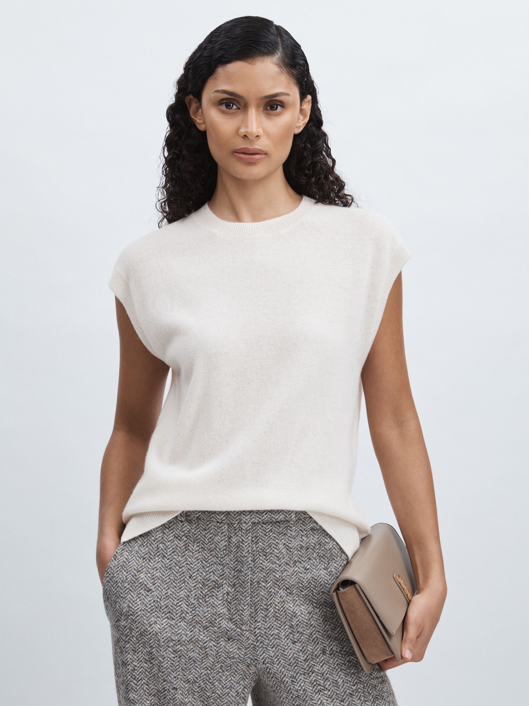 Crush Collection 100% Cashmere Crew-Neck Tank in White - Image 1 of 6