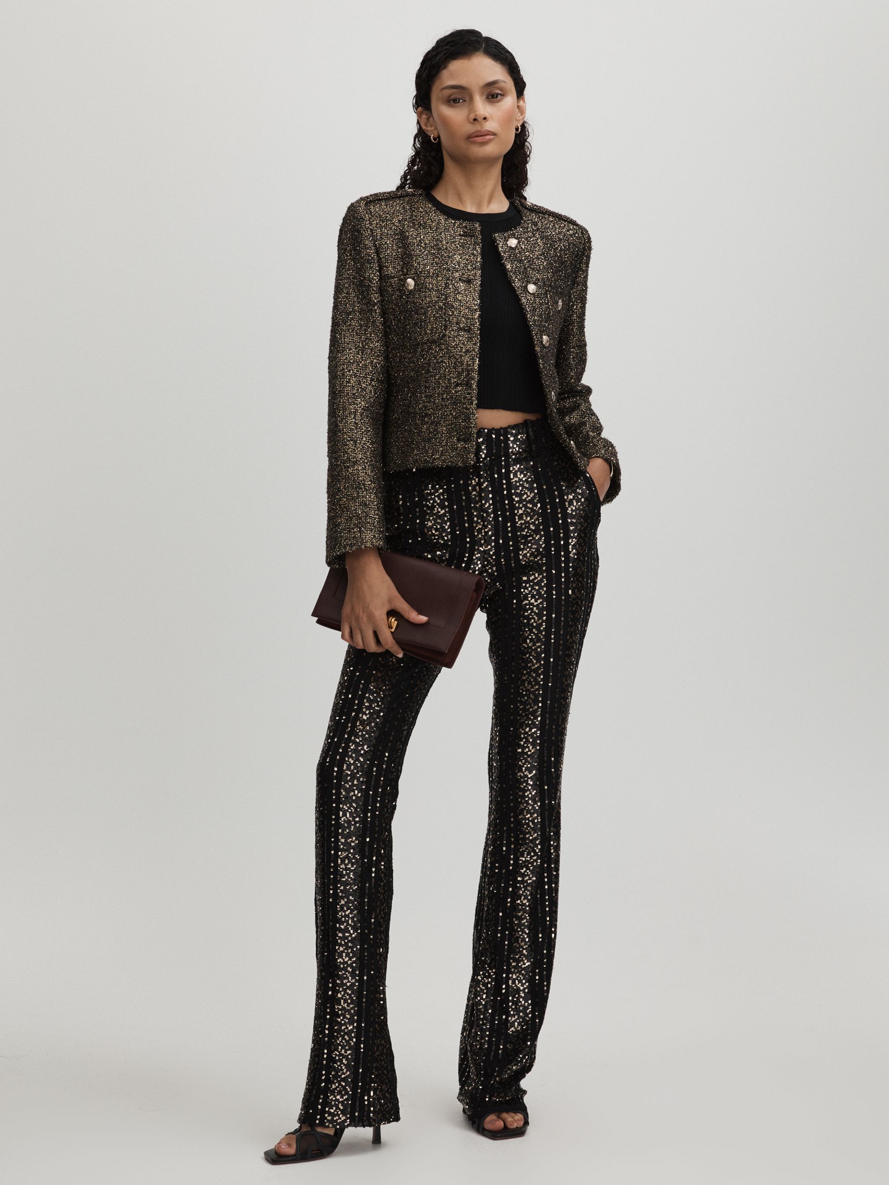 Halston Striped Sequin Trousers in Black - Image 1 of 5