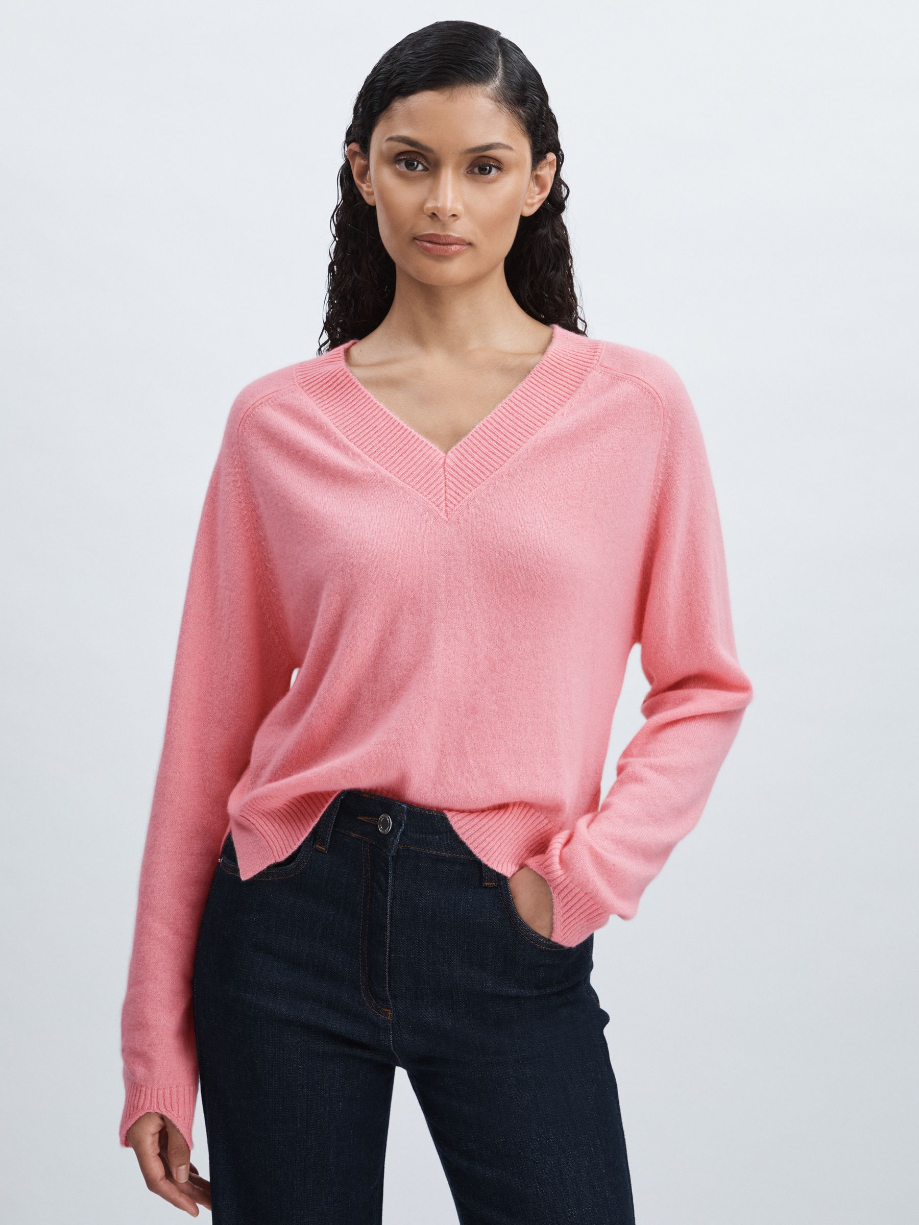 Crush Collection 100% Cashmere V-Neck Jumper in Bubblegum - Image 1 of 6