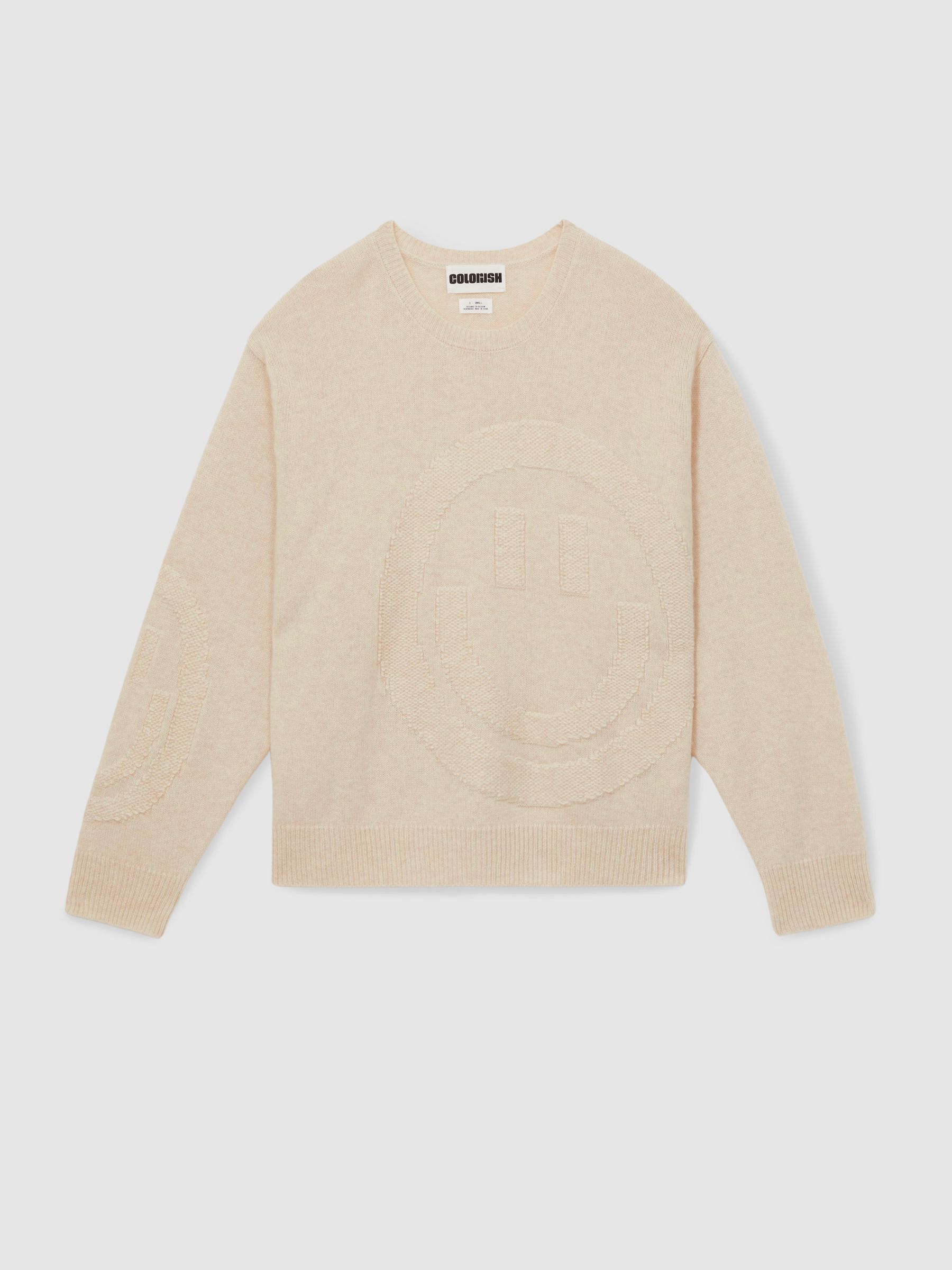 Crush Collection 100% Cashmere Smiley-Face Jumper in Cream - Image 2 of 6