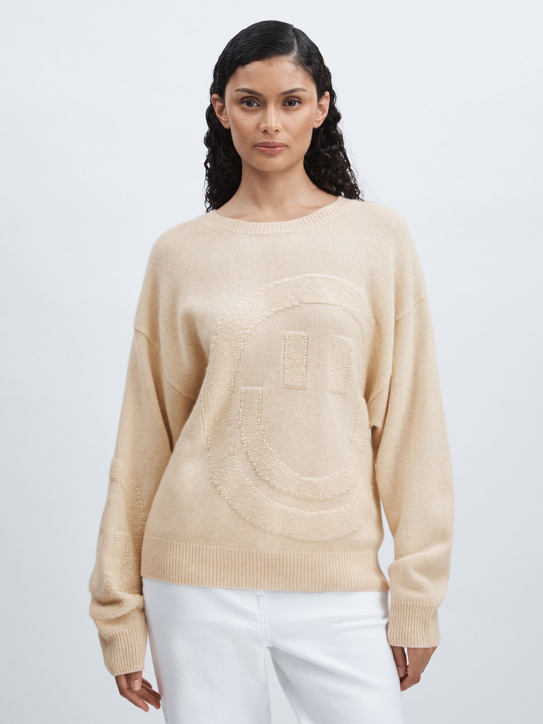 Crush Collection 100% Cashmere Smiley-Face Jumper in Cream - Image 3 of 6
