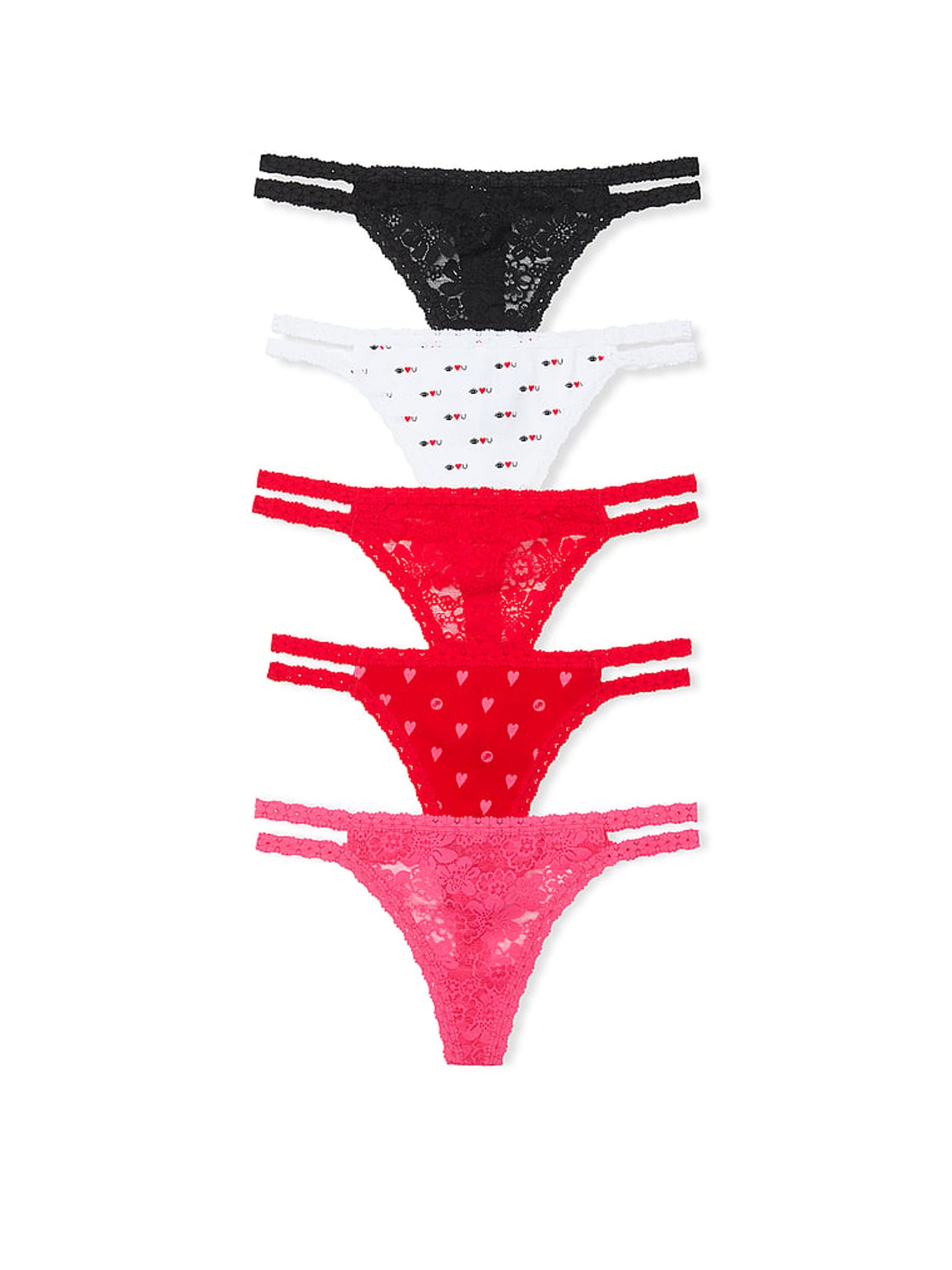 Black/White/Red/Pink Thong 5 Pack Knickers - Image 1 of 3