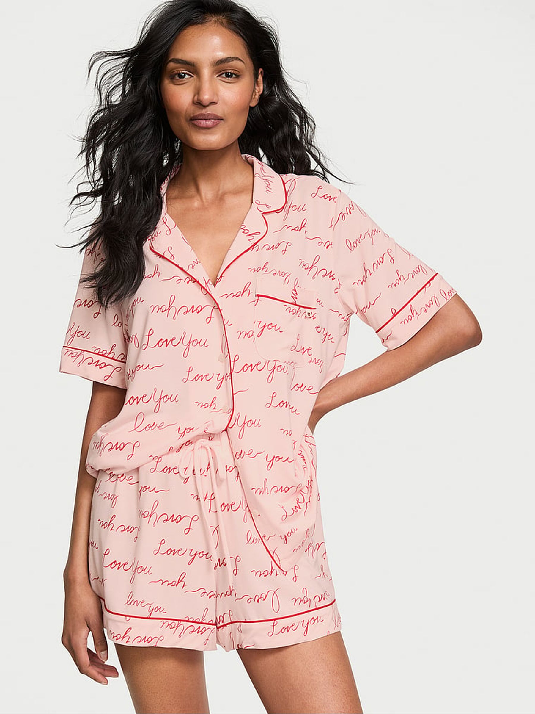 Purest Pink/Lipstick Red Script Modal Short Pyjama Set - Image 1 of 3
