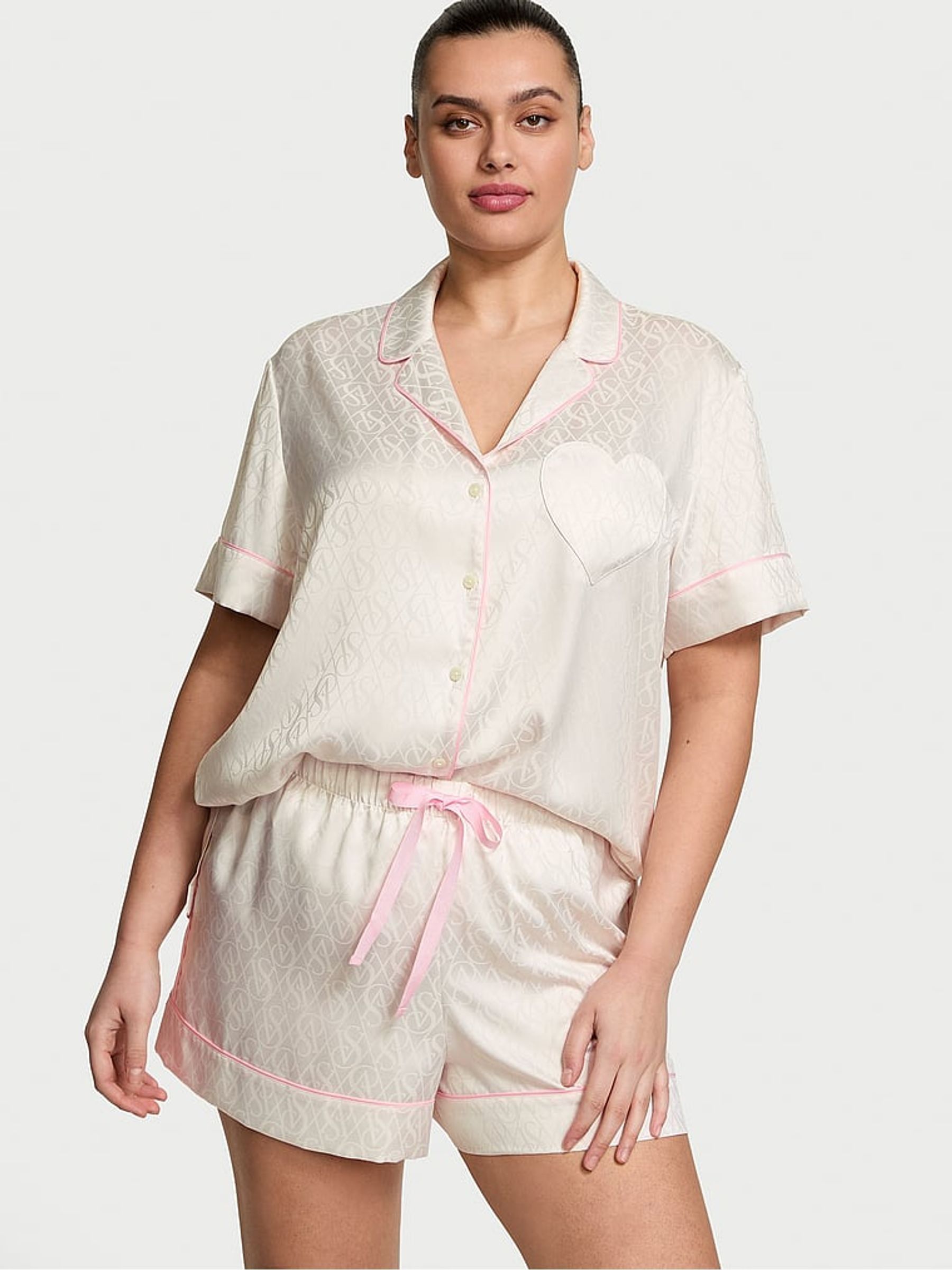 Coconut White Heart Pocket Satin Short Pyjama Set - Image 1 of 3
