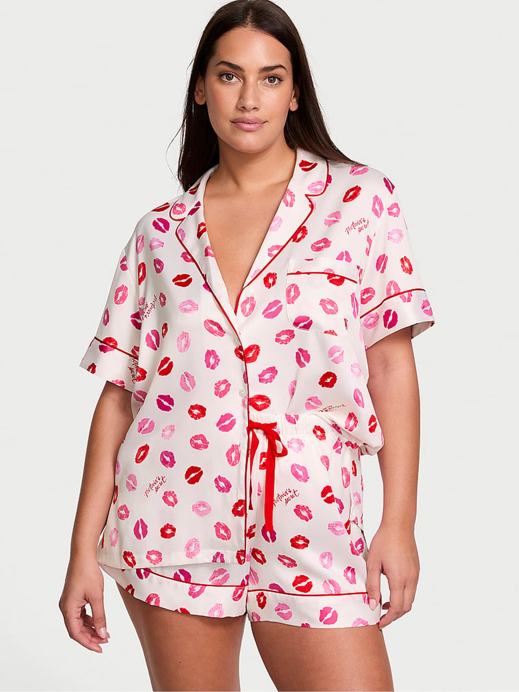 Coconut White & Lipstick Kisses Satin Short Pyjama Set - Image 1 of 3