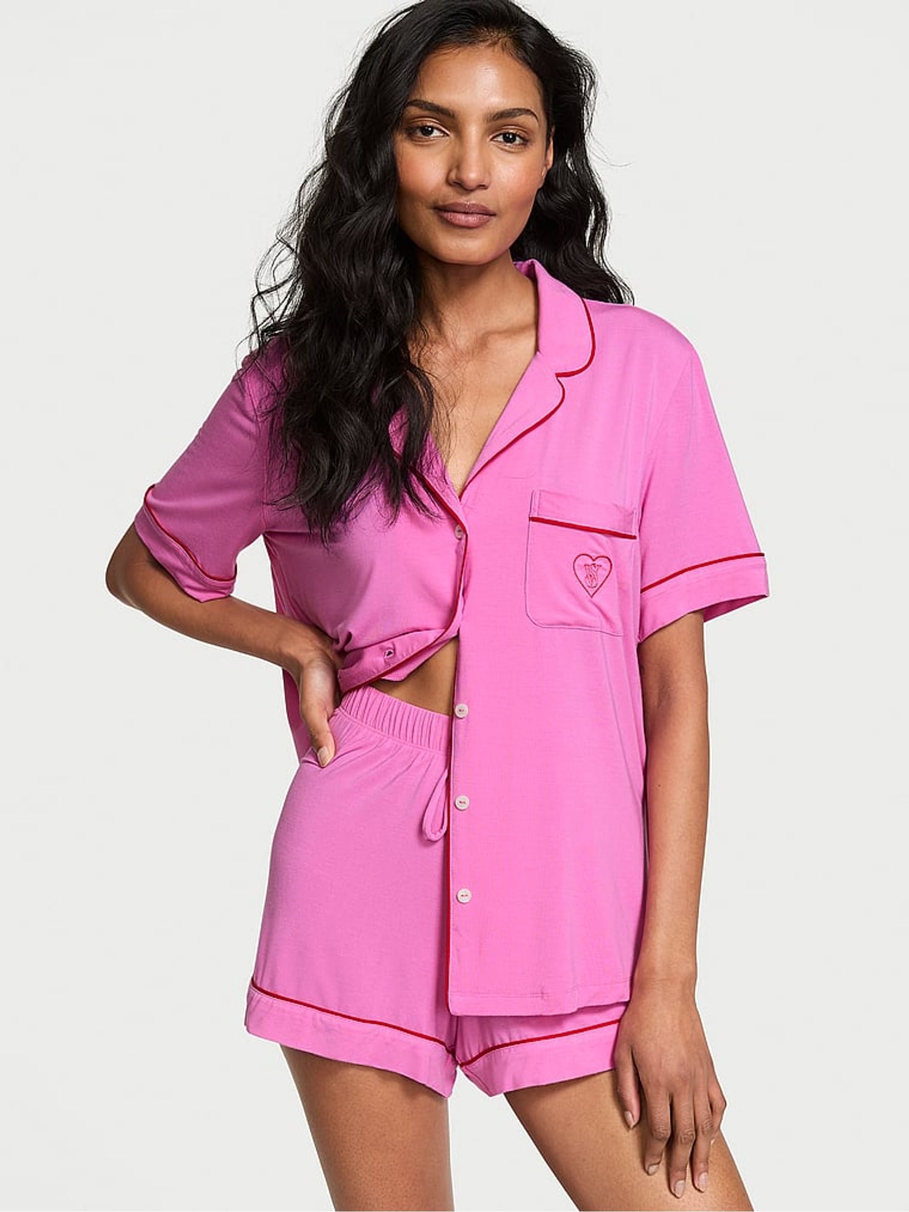 New Peony Pink Heart Modal Short Pyjama Set - Image 1 of 3