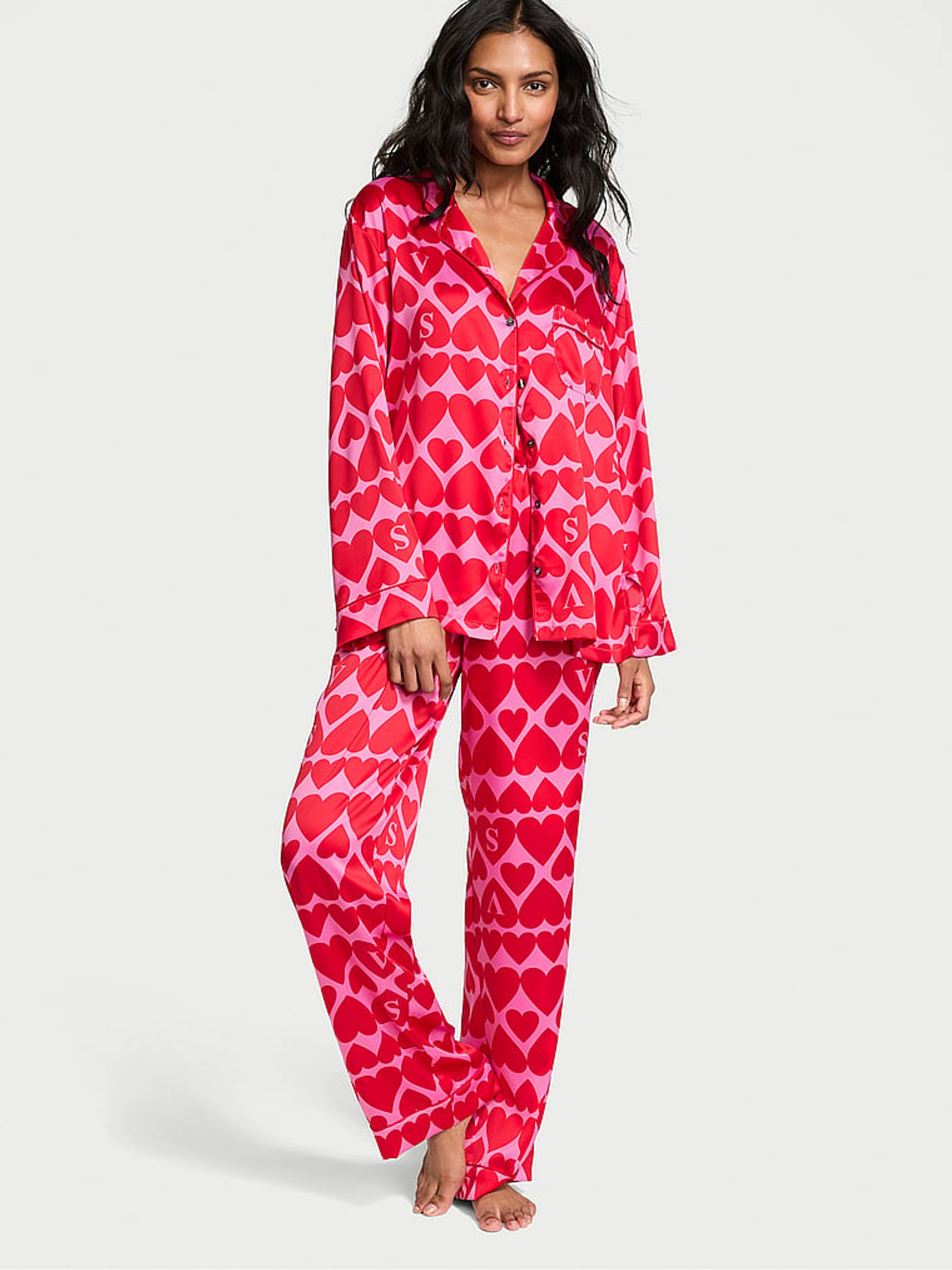 New Peony & Lipstick Pink Hearts Satin Long Pyjama Set - Image 1 of 3