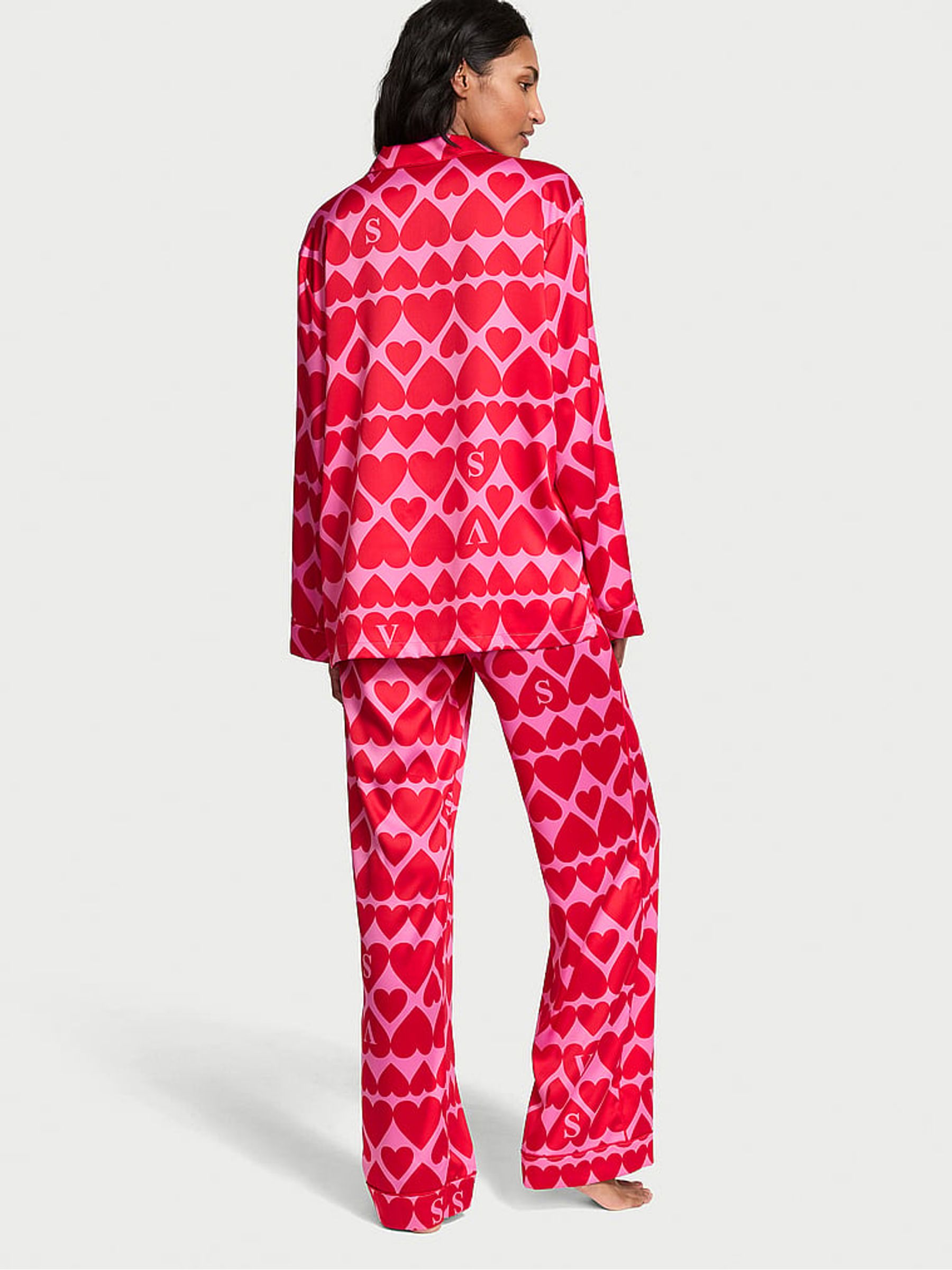 New Peony & Lipstick Pink Hearts Satin Long Pyjama Set - Image 2 of 3