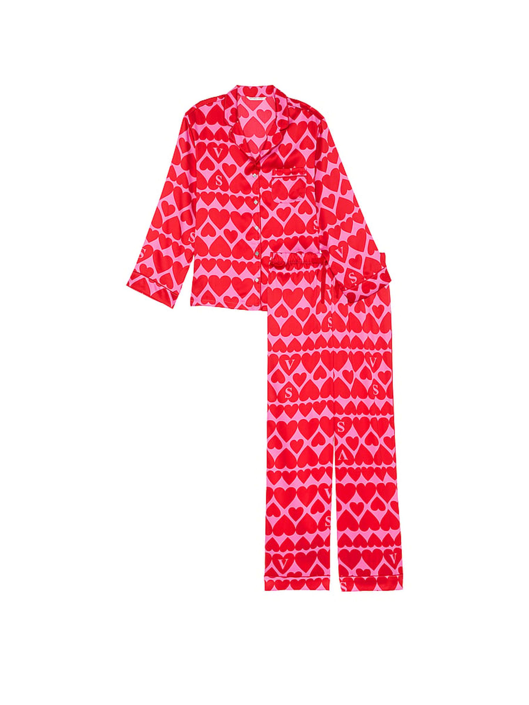New Peony & Lipstick Pink Hearts Satin Long Pyjama Set - Image 3 of 3