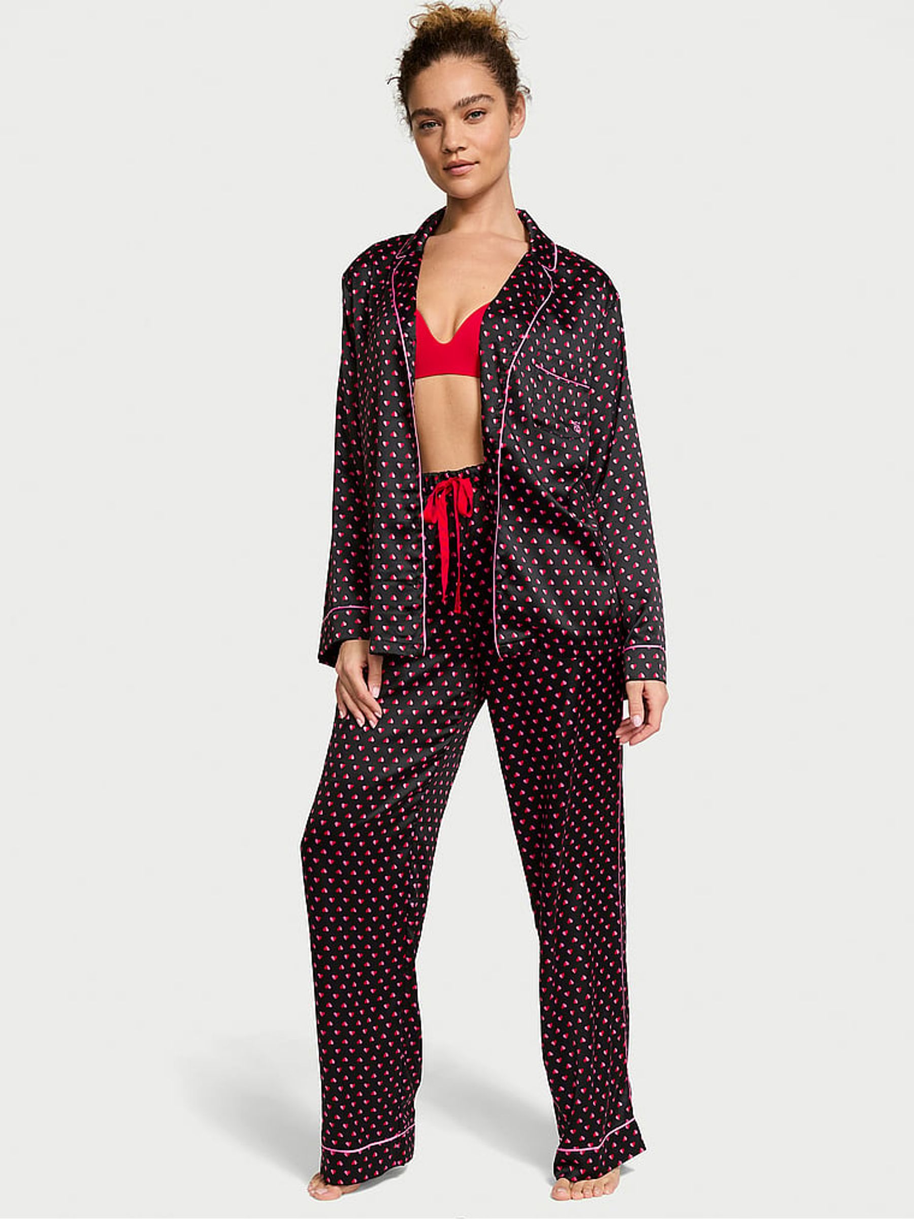 Black & Pink Two Tone Hearts Satin Long Pyjama Set - Image 1 of 4