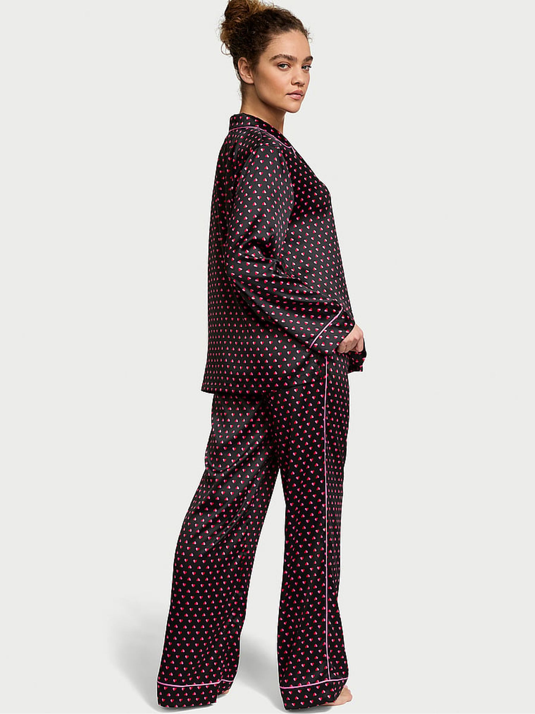 Black & Pink Two Tone Hearts Satin Long Pyjama Set - Image 2 of 4