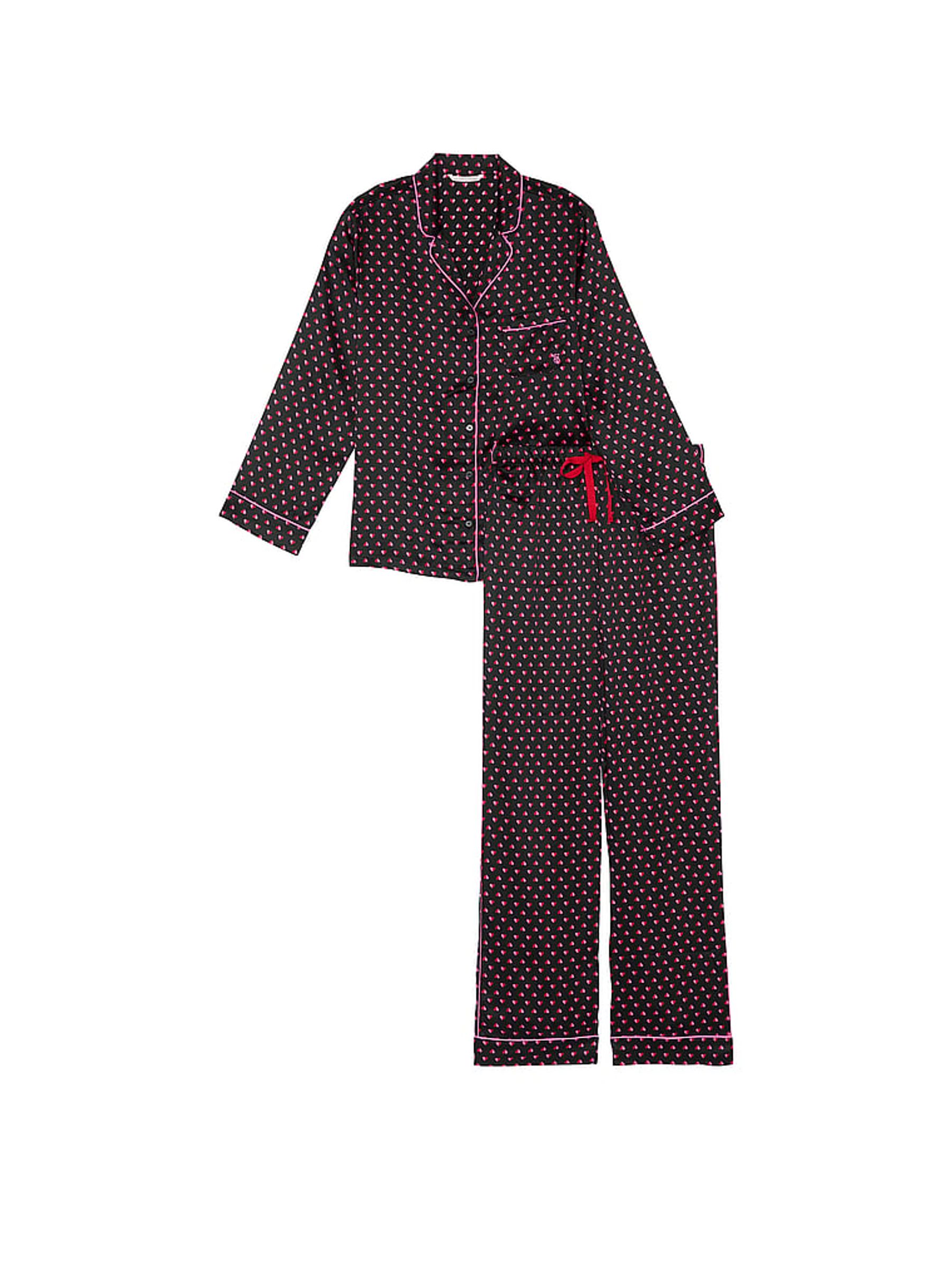 Black & Pink Two Tone Hearts Satin Long Pyjama Set - Image 3 of 4