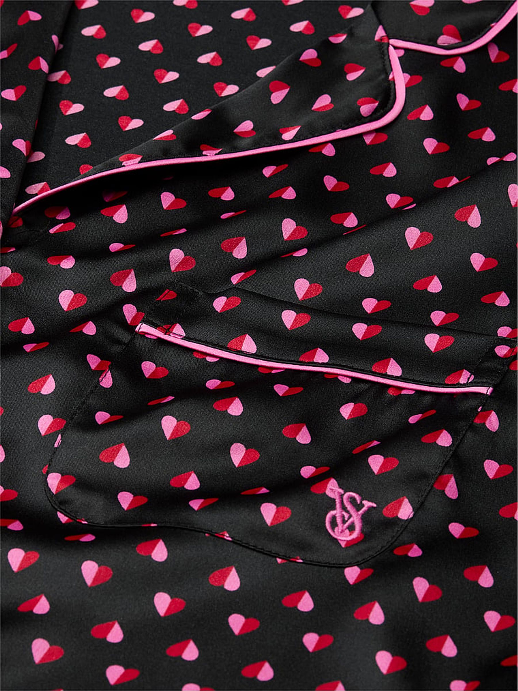 Black & Pink Two Tone Hearts Satin Long Pyjama Set - Image 4 of 4