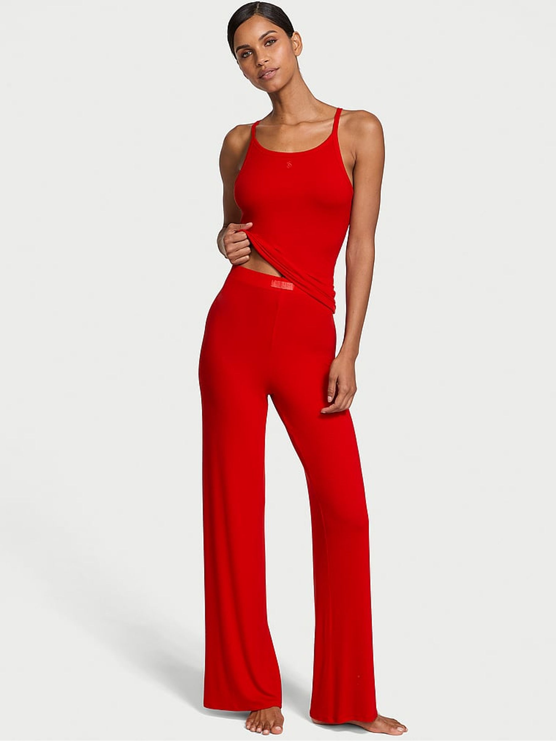 Lipstick Red Modal Rib Cami Long Pyjama Set - Image 1 of 3