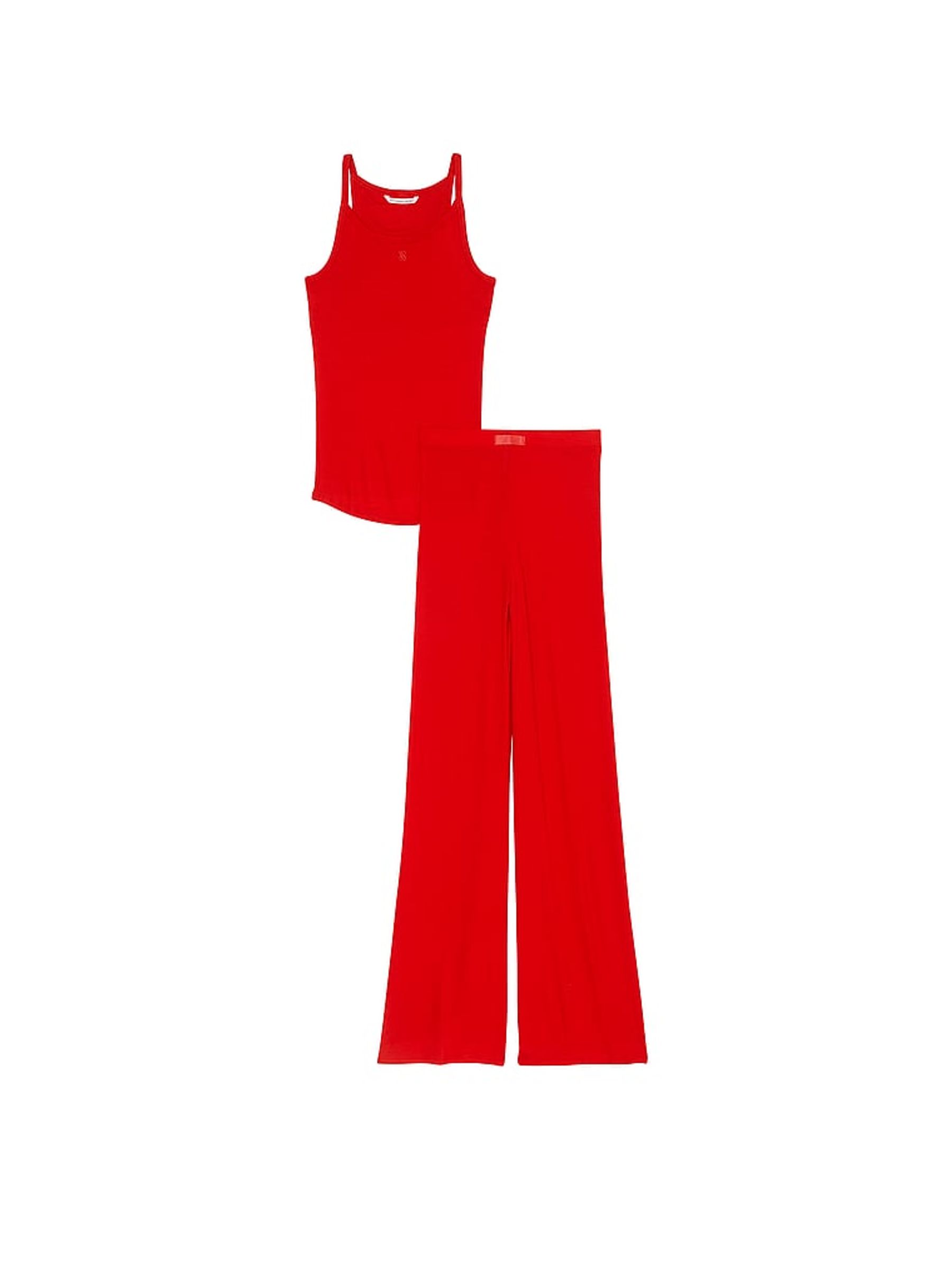 Lipstick Red Modal Rib Cami Long Pyjama Set - Image 3 of 3