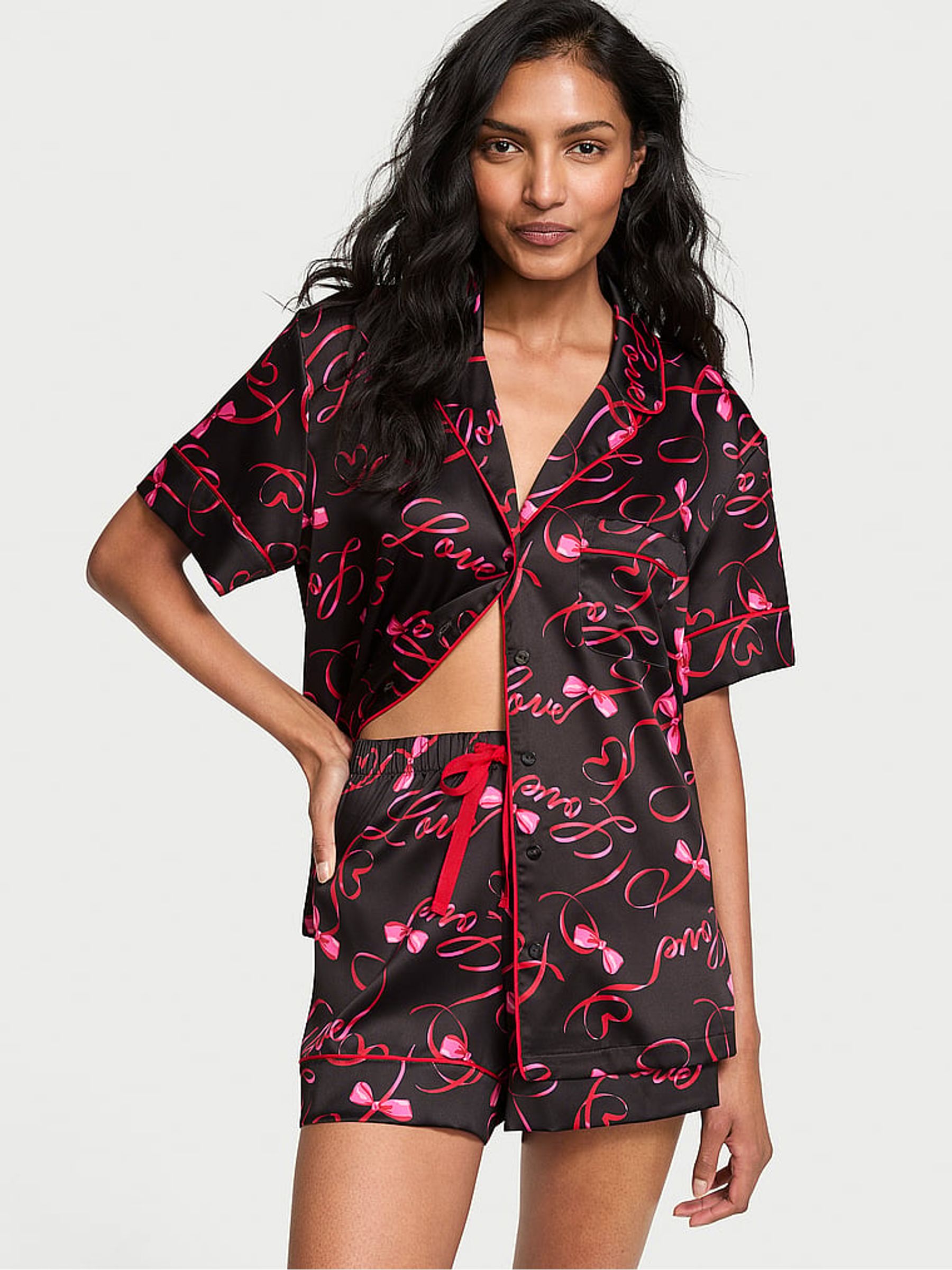 Black Love Script Satin Short Pyjama Set. - Image 1 of 3