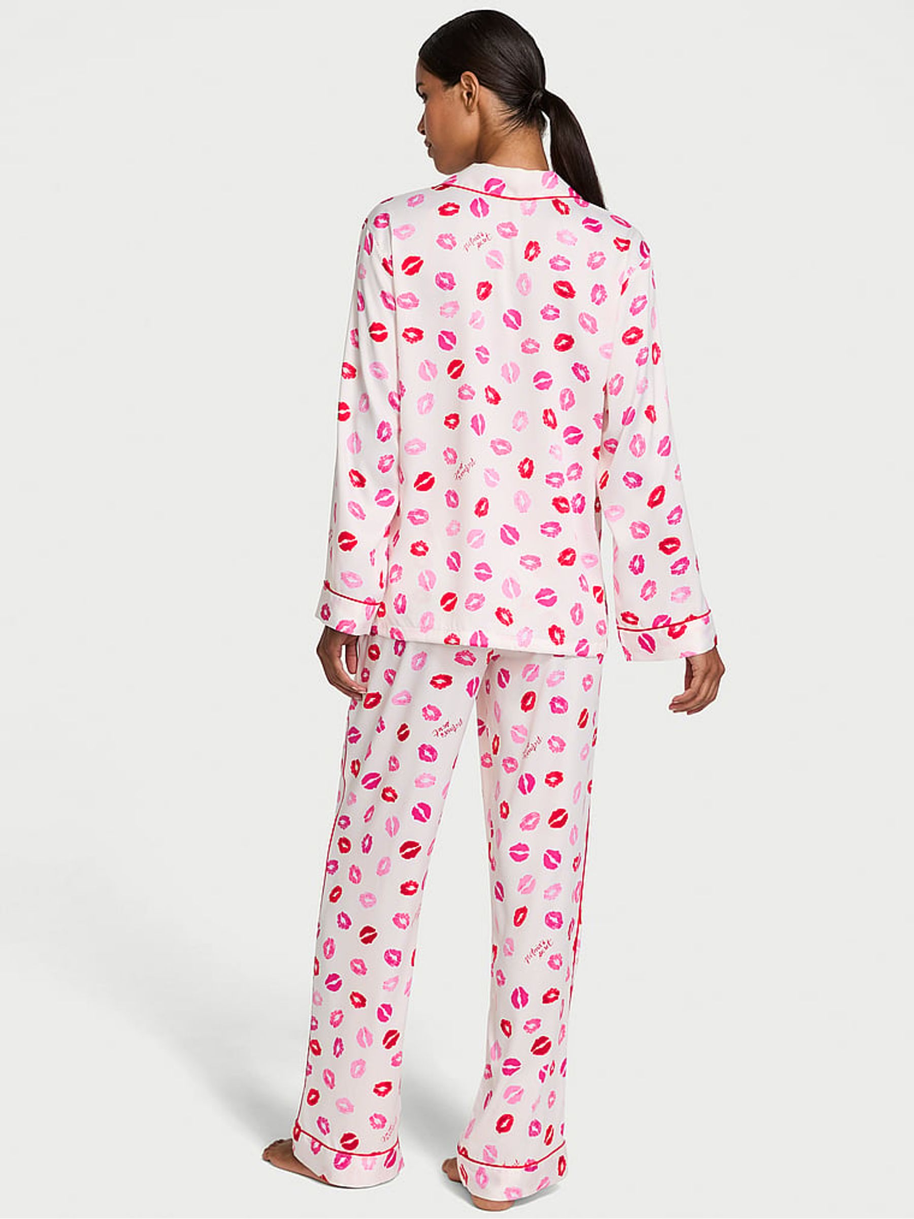 Coconut White/ Lipstick Pink Kisses Satin Long Pyjama Set - Image 2 of 3
