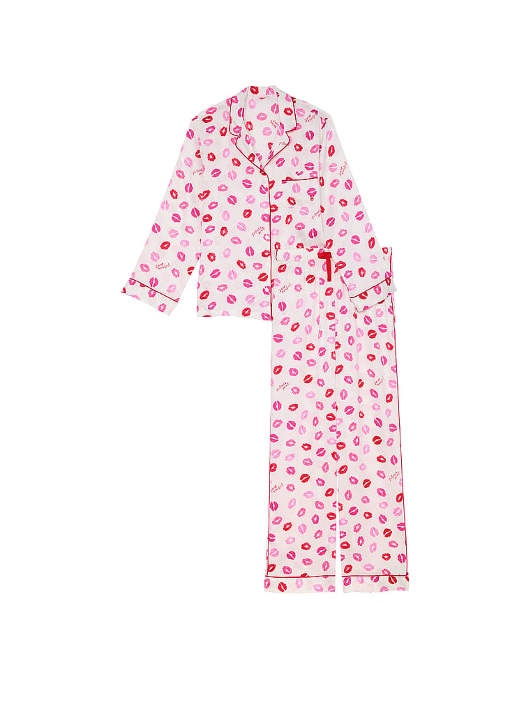 Coconut White/ Lipstick Pink Kisses Satin Long Pyjama Set - Image 3 of 3