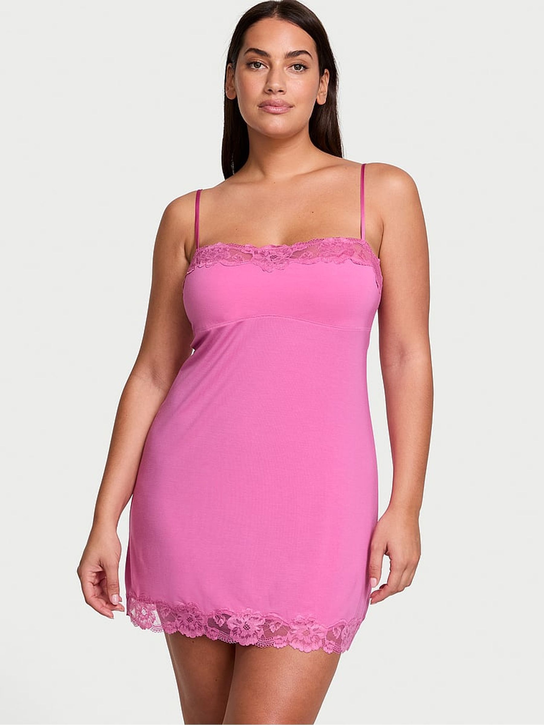 New Peony Pink Modal Straight Neck Slip Dress - Image 1 of 3