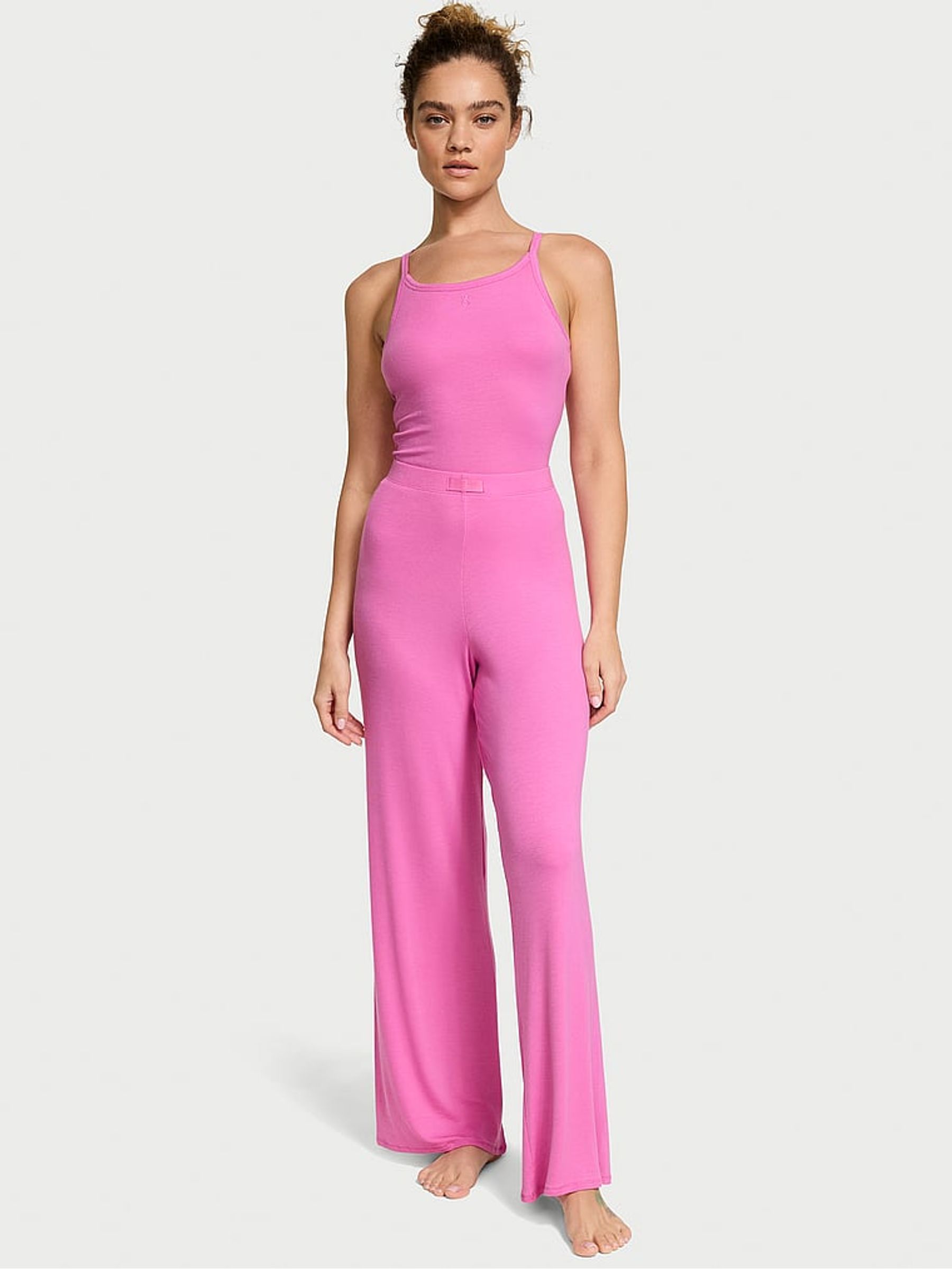 New Peony Pink Modal Rib Cami Long Pyjama Set - Image 1 of 3
