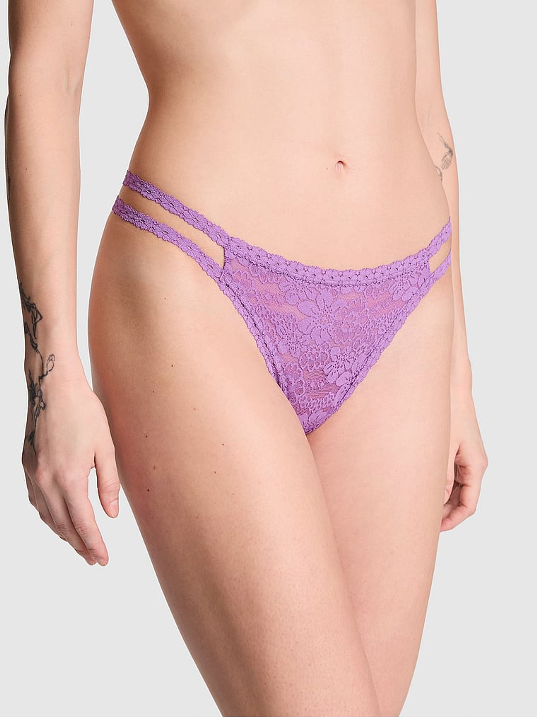 Grape Taffy Purple Double Strap Thong Floral Lace Knickers - Image 1 of 3