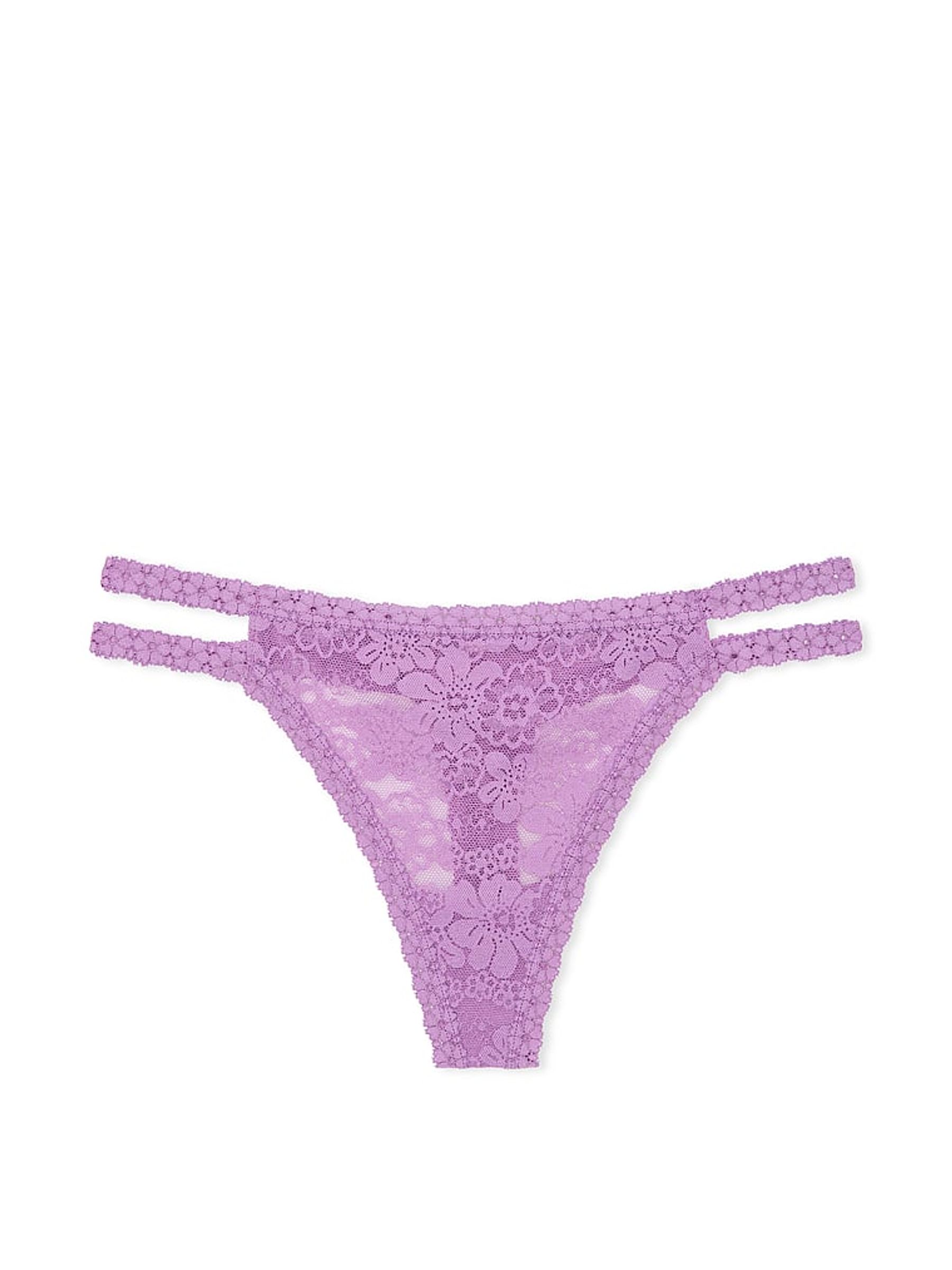 Grape Taffy Purple Double Strap Thong Floral Lace Knickers - Image 3 of 3