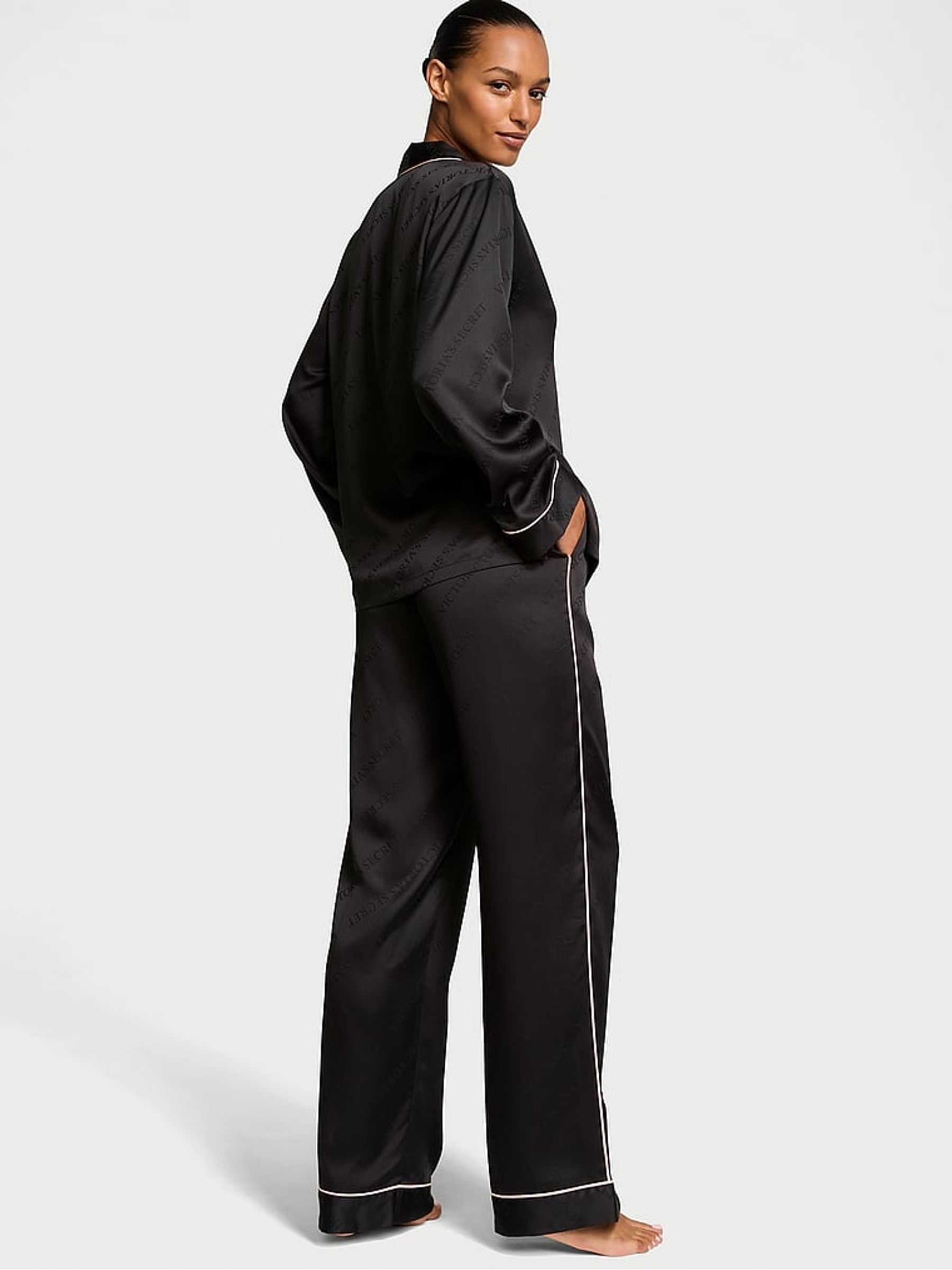 Black Diagonal Logo Satin Long Pyjama Set - Image 2 of 3