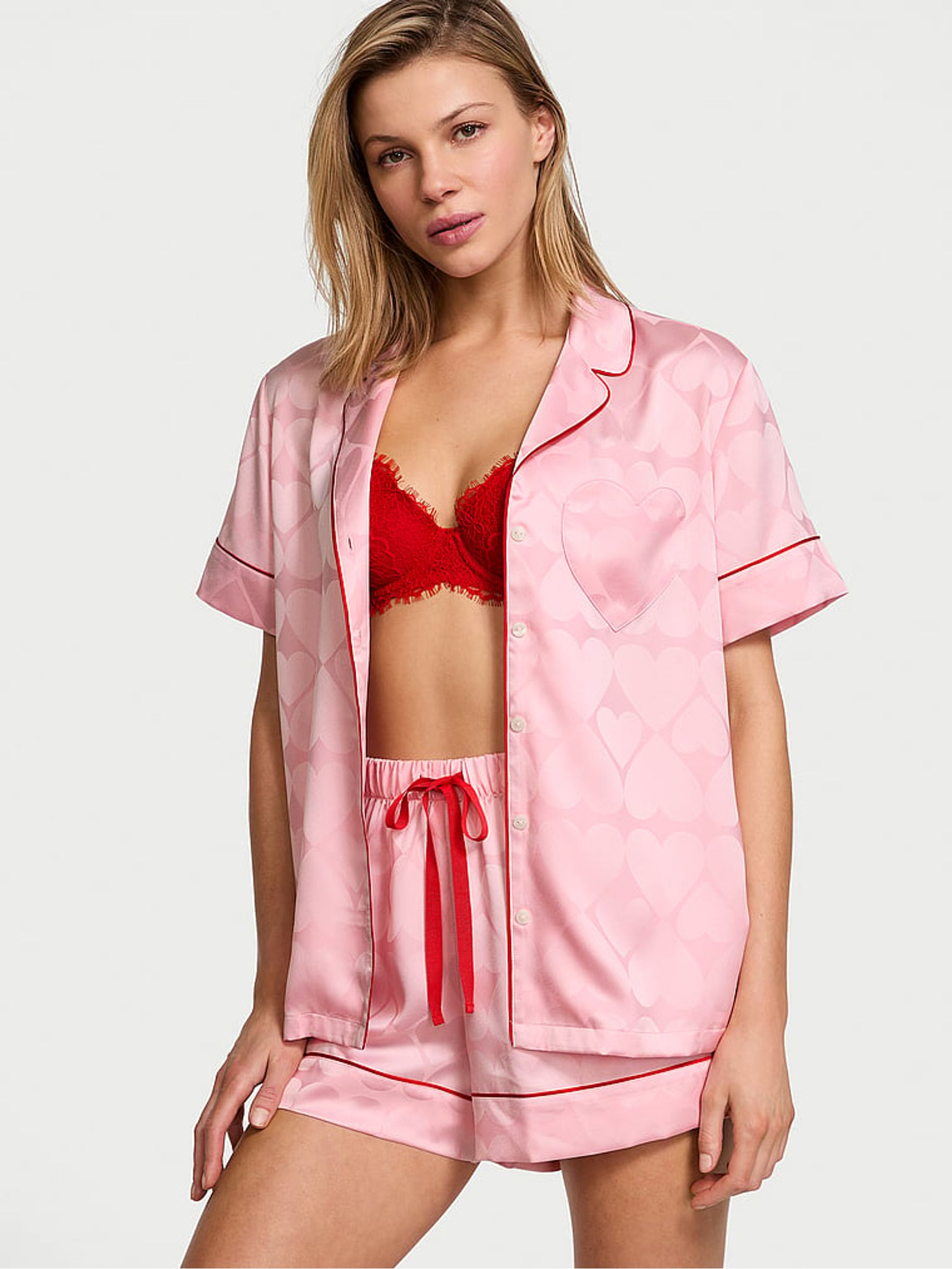 Pretty Blossom Pink Heart Pocket Satin Short Pyjama Set - Image 1 of 3