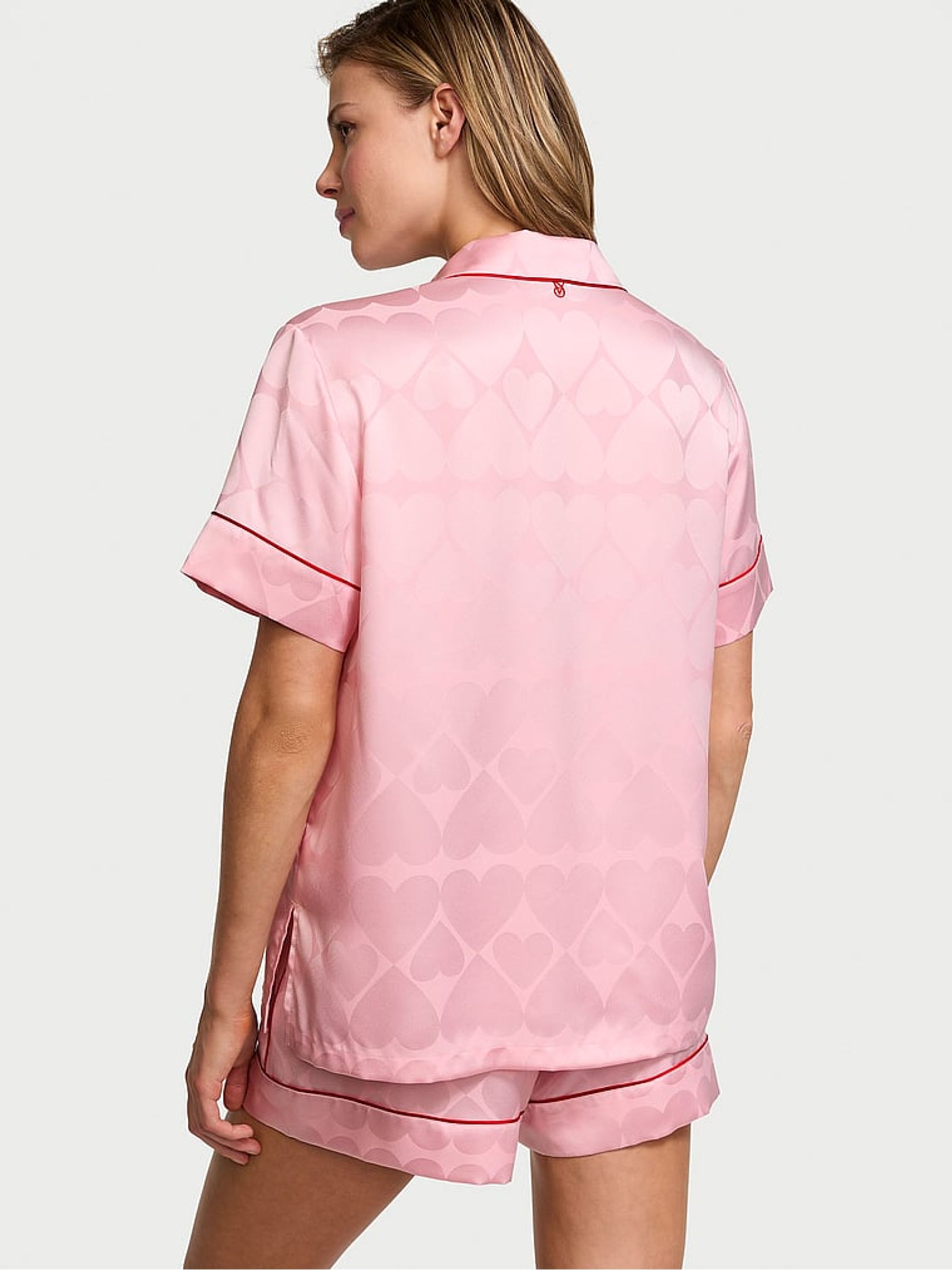Pretty Blossom Pink Heart Pocket Satin Short Pyjama Set - Image 2 of 3