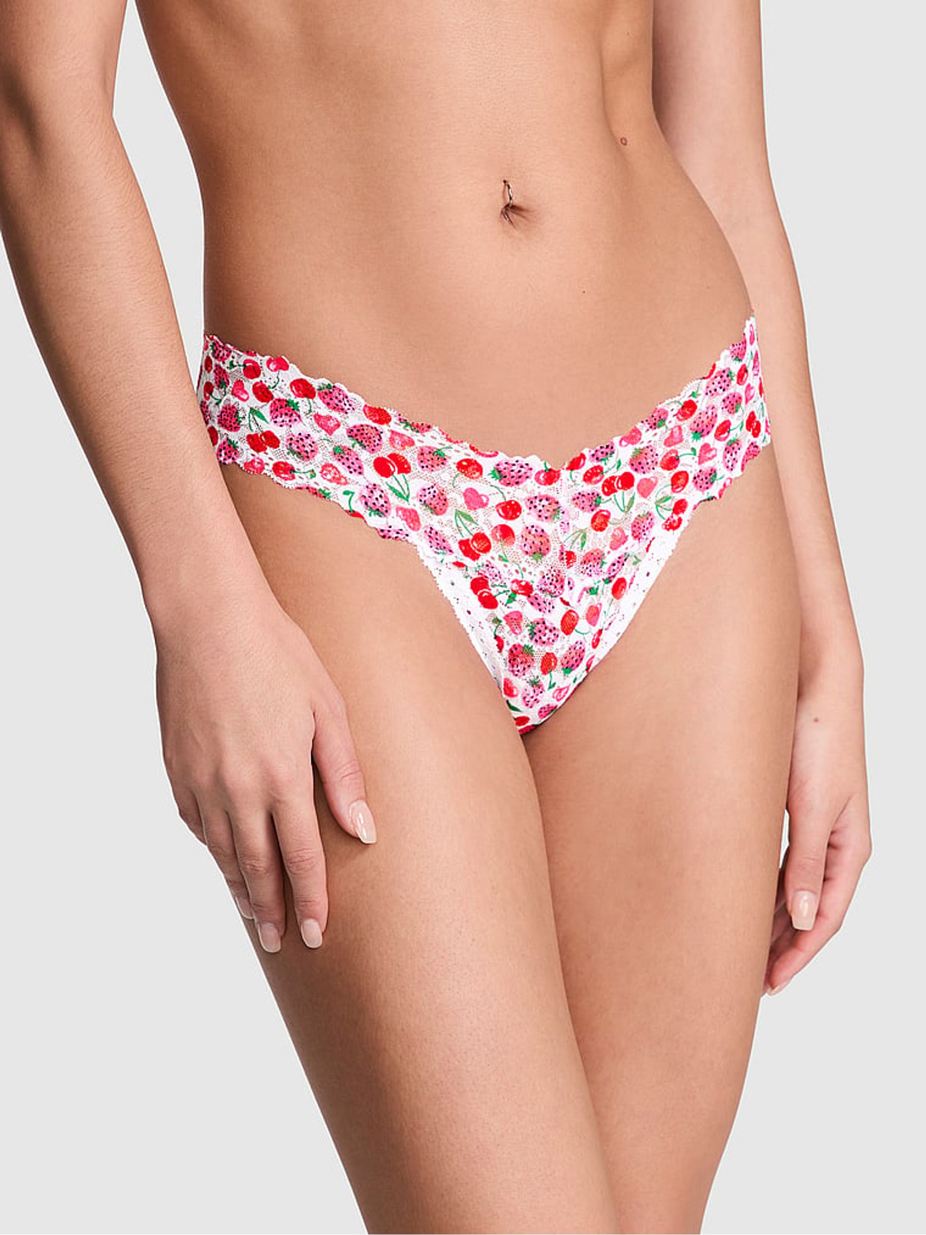 White Cherry Thong Cotton Lace Trim Knickers - Image 1 of 3