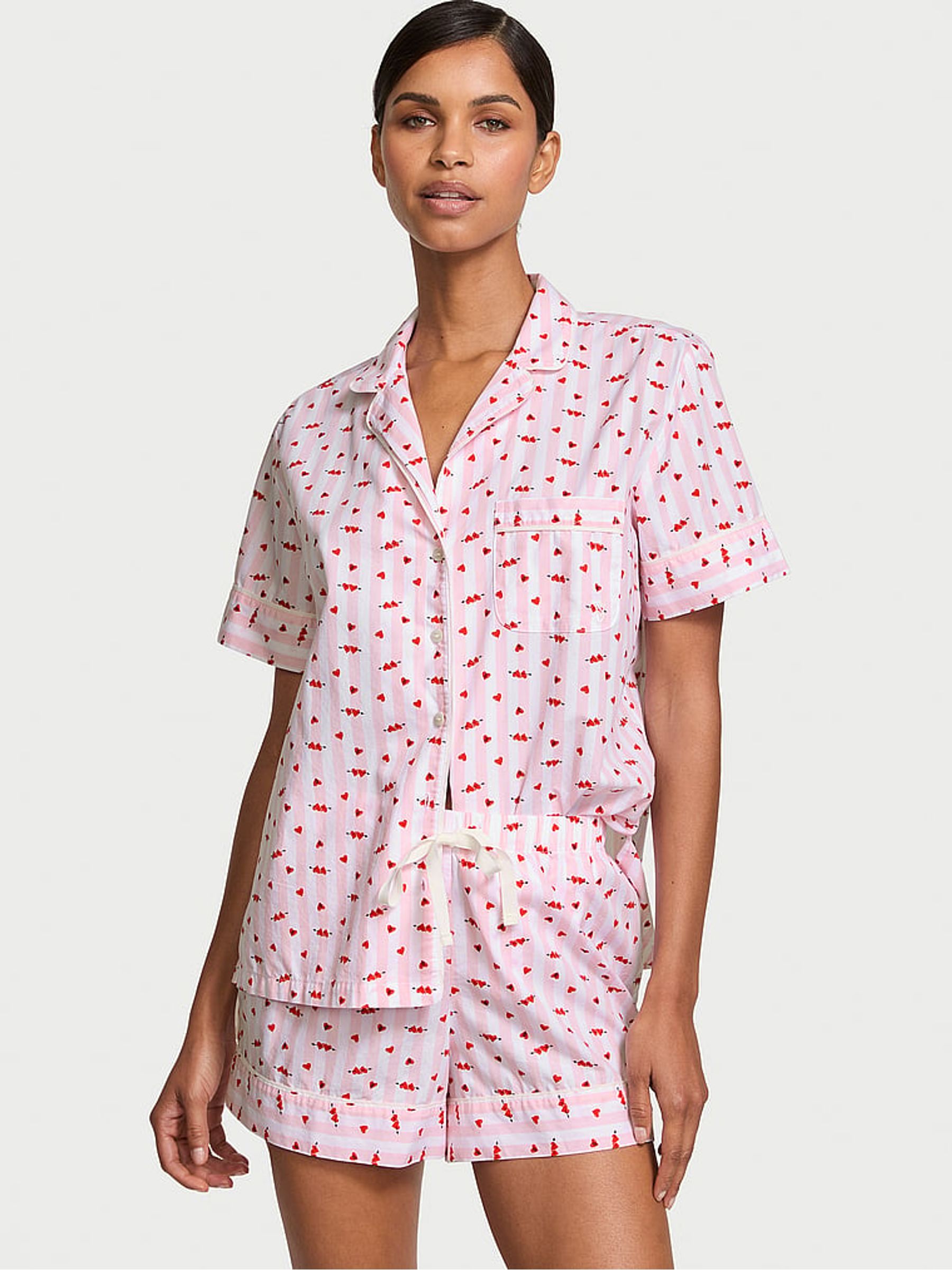 Coconut White & Pink Heart Stripes Cotton Short Pyjama Set - Image 1 of 3
